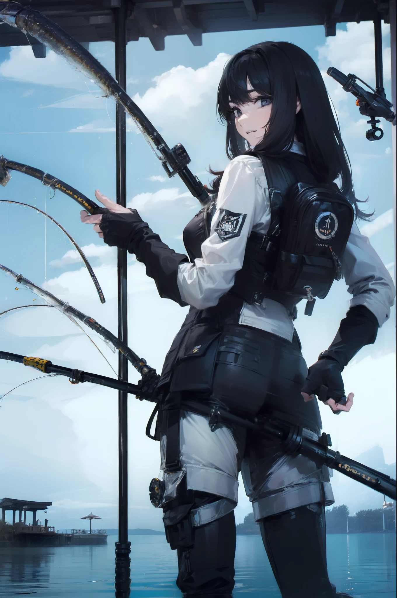 ((((Have a fishing rod with a reel:1.5)))),((Female 28 years old)),((Best Quality:1.5)),(((Fine fingers、Ratio 4 fingers and 1 thumb,detailed arms,detailed human hands))),(((Hands with the correct number and structure of fingers:1.4))),((Lakeside:1.37)),hight resolution,ultra-detailliert,masterpiece,best qualtiy,(Eight-headed body),(1 fishing rod,Holding a fishing rod in your hand,Fishing lure rod,Fishing Reels,Long Sleeve Outdoor Vest,Long pants for fishing,Big backpack),thin and long legs,Beautiful hip line,Beautiful spine,constricted back,Toned waist,beutiful breast),,Gentle smile,shiny lip,(1 fishing rod,Straight stretch fishing rod,Long fishing rod,Woman fishing with fishing rod in hand),Black hair, long eyeslashes, Solid Circle Eyes, drop shadow, Atmospheric perspective,Super Detail, ccurate, small brest,top-quality, blurry backround, bokeh dof:1.2, (masterpiece:1.3), Atmospheric perspective,Super Detail,dynamic compositions, Ultra High Quality,