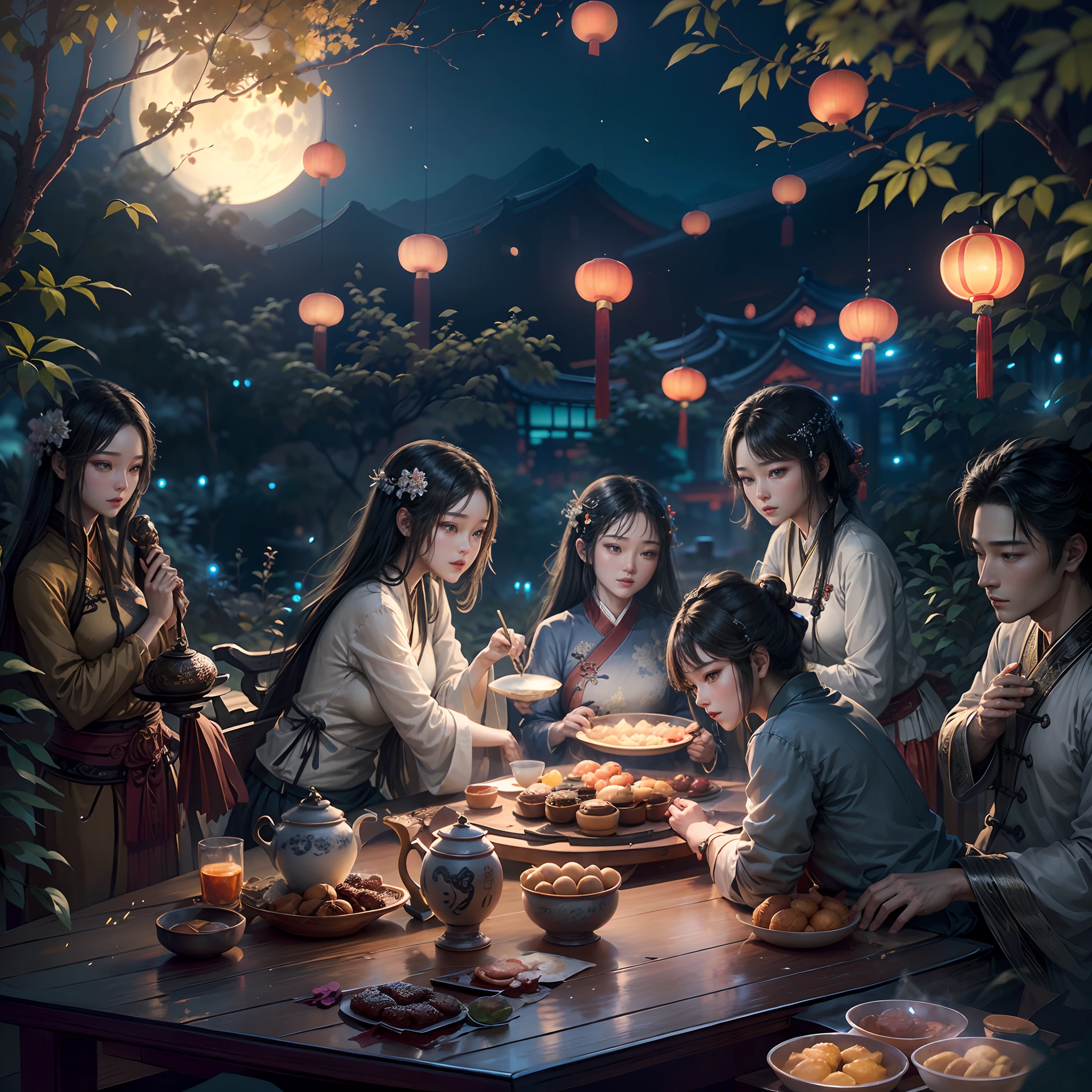 ((Ancient Chinese landscapes,in a panoramic view,Faraway view)),Mid-Autumn Festival,moon full,Glowing moon,A garden overgrown with osmanthus and bamboo forests,1 family sitting together,The kids had a great time,There was wine on the table in front of him、Tea and mooncakes,nigh sky,Fireworks explosions,starlights,blue backdrop,palaces,sparkler,(A complete painting),(Extremely detailed picture),(light and shadow effect),(Movie lighting),(cinema4d),(Light particle tracing),(rendering by octane),(Layered artistic effects),(Best Painting),(Master painting),(8K分辨率),(photorealestic,realisticlying,tmasterpiece,anatomy correct,Accurate perfect korean girl face,1.4x realism,hyper HD),(The is very detailed,reasonable design,Clear lines,High- sharpness,best qualtiy,offcial art)