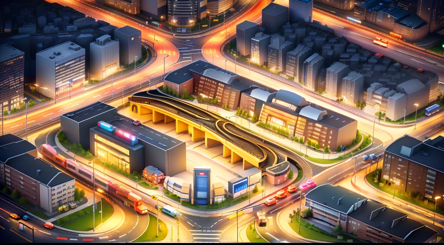 A city with an isometric view, metro train terminal with highway and cars in the background, street lights, stop signs, waiting area, a close up of a model of a town, metro train terminal with highway in the background, 3d, lowpoly, detailed