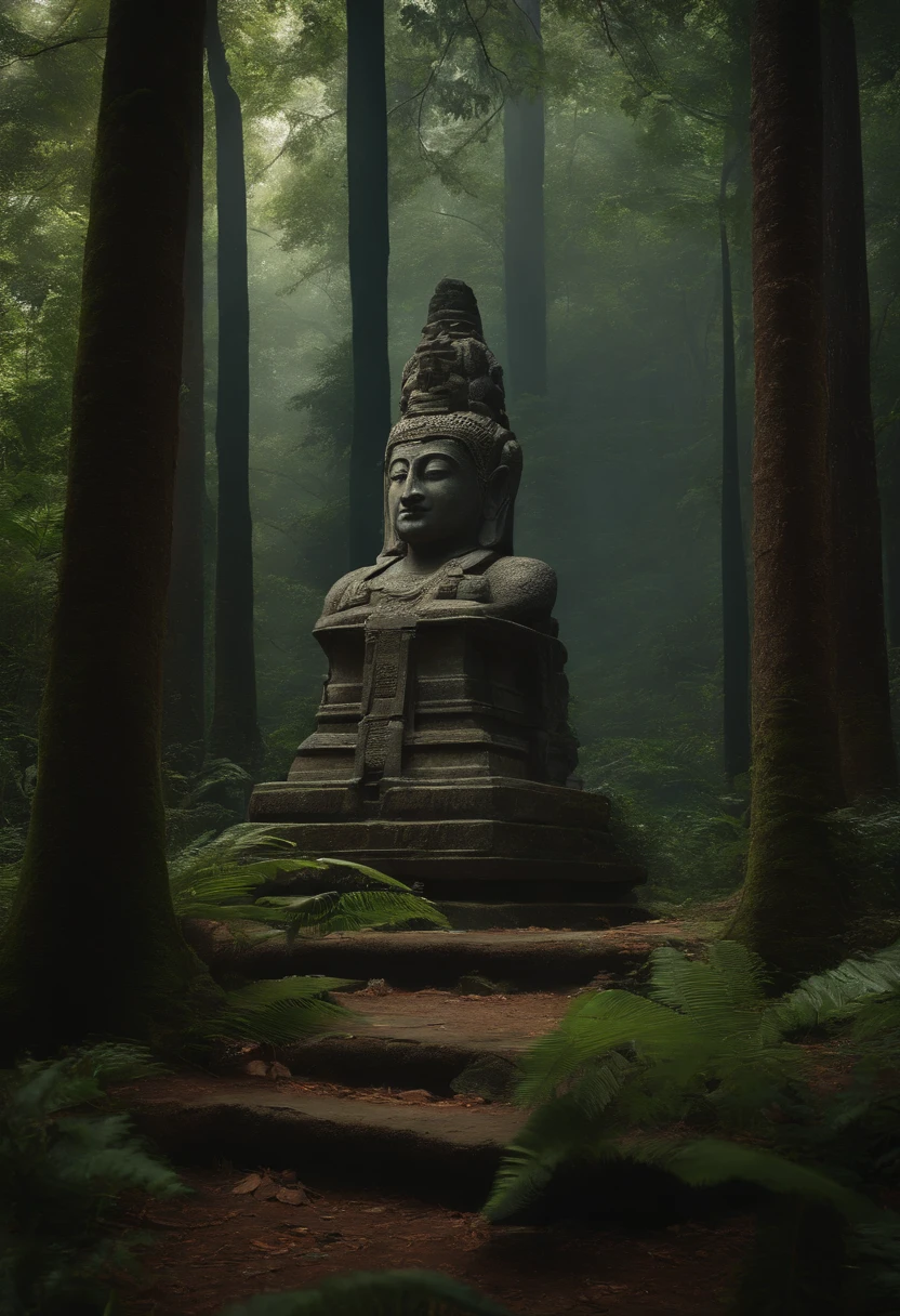There is a stone statue in the middle of the forest, Unreal Maya, promotional movie still, author:Simon de Vlieger, 废墟, author:Victor Manuel García Valdez, aspect ratio 16:9, PS 3 graphics card, quetzal, cinematic Film still from, cinematic Film still from, Inspired by James Cardenhead