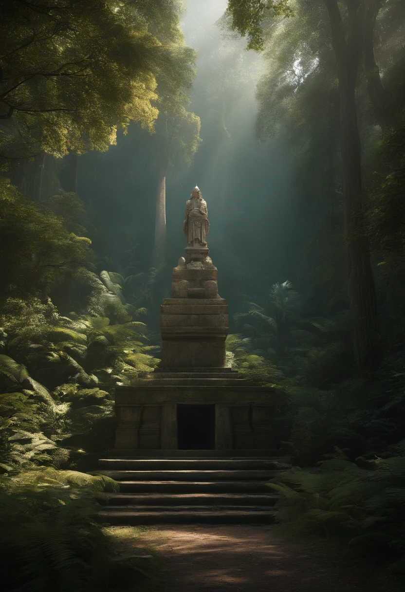 There is a stone statue in the middle of the forest, Unreal Maya, promotional movie still, author:Simon de Vlieger, 废墟, author:Victor Manuel García Valdez, aspect ratio 16:9, PS 3 graphics card, quetzal, cinematic Film still from, cinematic Film still from, Inspired by James Cardenhead