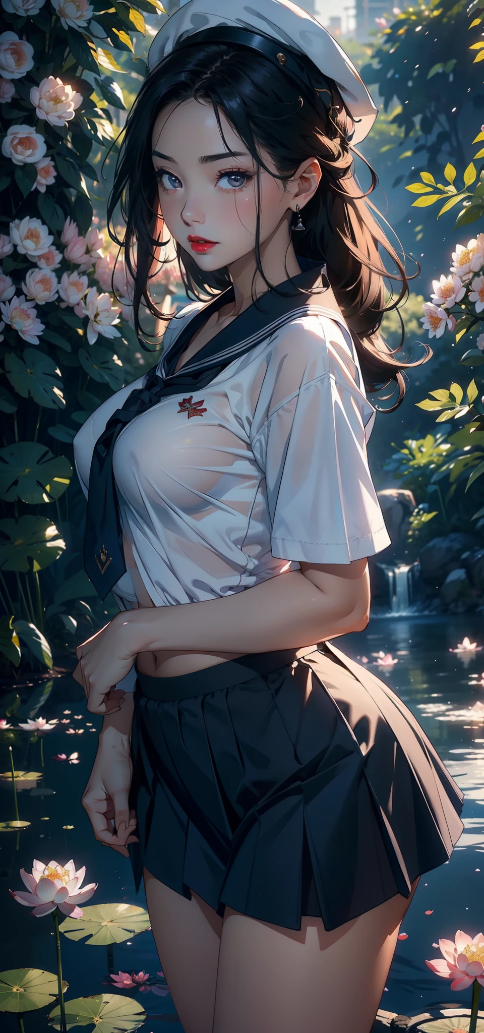 1female，45 yers old，Married Woman，熟妇，plumw，extremely large bosom， 独奏，（Background with：ponds，Cherry blossom forest，lotus flower）standing on your feet， She has short black hair，seen from the front，， mostly cloudy sky，（（（tmasterpiece），（Very detailed CG unity 8K wallpaper），best qualtiy，cinmatic lighting，detailed back ground，beatiful detailed eyes，Bright pupils，Black eyes，Snow-whiteskin，Redlip（Very fine and beautiful），（Beautiful and detailed eye description），ultra - detailed，tmasterpiece，））facing at camera，A high resolution，ultra - detailed），revealing breasts，Bare genitalia，  Bulge，legs are open，Raised sexy，Camel toes，Desire for dissatisfaction，frontage，Navy，elementary student，（Wearing：see-through school uniform，Sailor's cap，Transparent sailor uniform，Puffy skirt，Bare ，）