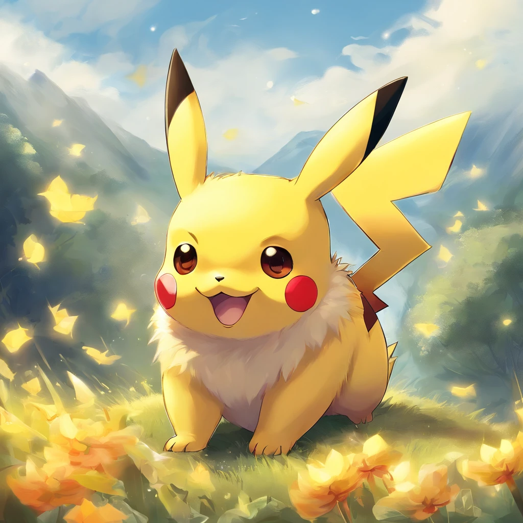 Pikachu is playful and cute,Lively and agile,Yellow soft hairs,Redfaced,sparkling big eyes,Cute little pointy ears。(Pikachu:1.5)