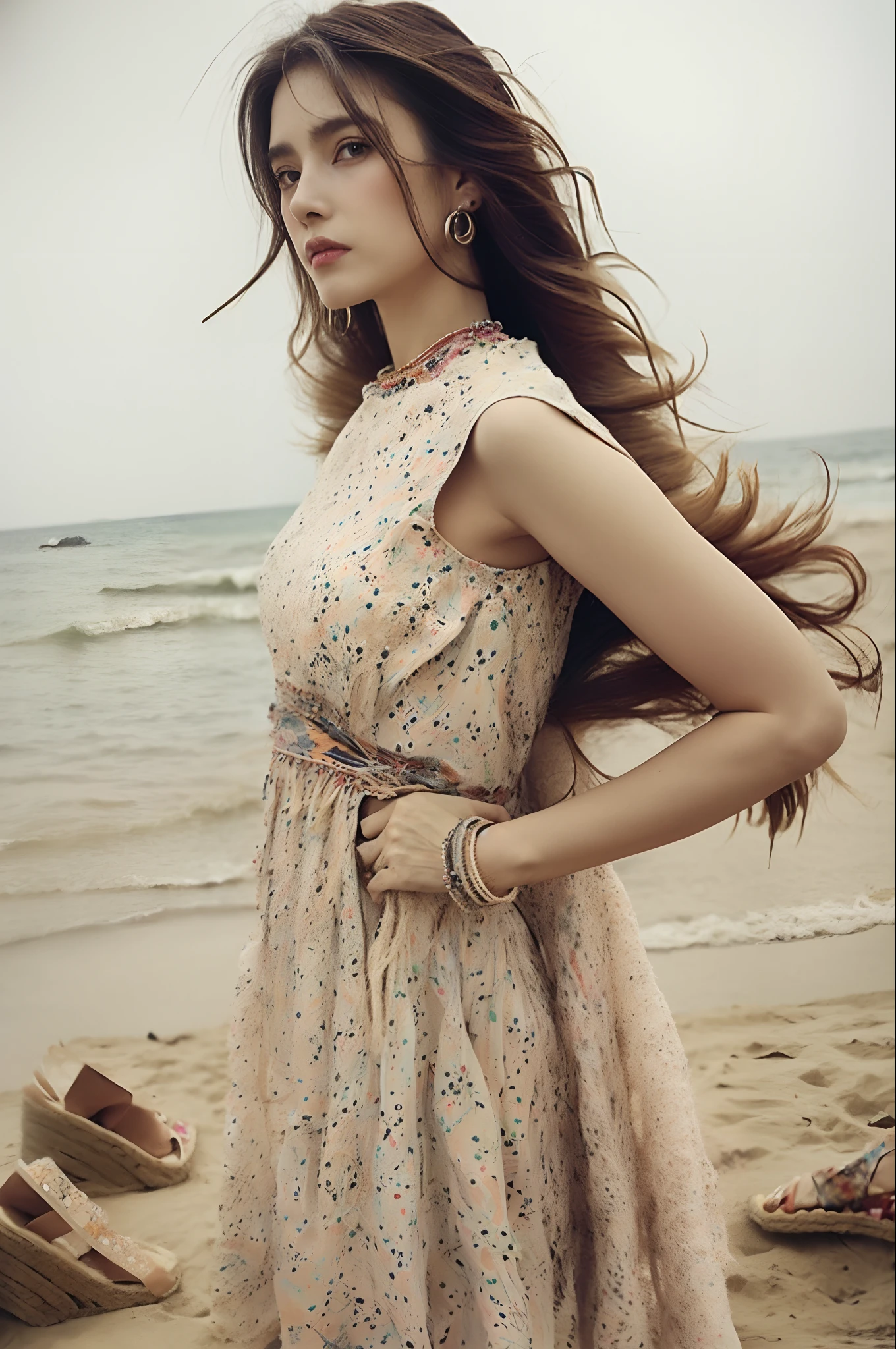 masterpiece, top-quality, 1girl in,long_hair,Light smile, bluntbangs,Look at viewers,selfy,cowboy shot,(shot_hair:2),(Boho_printed_dress:1.5),(Straw_wedge_sandals:1.4),(Beaded_bracelets:1.3),small tits、Very small bust、flat breast
(realisticlying:1.5)、cinemagraph、