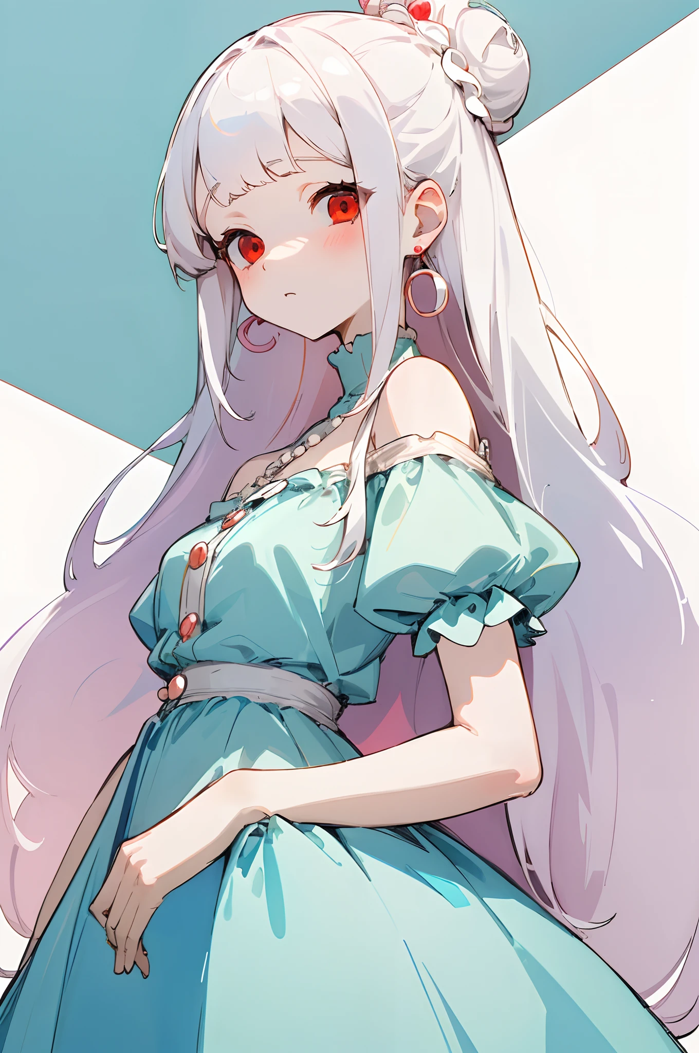(masterpiece, best quality) detailed, 1Character , blue archive art style , wearing a cute off the shoulder tallow dress, hair up in a bun , pearl earrings, Pretty girl , with extremely long hair , pure white hair , red eyes , has bangs , pale skin ,age 21,
 , pastel washed out colors , cell shade ,