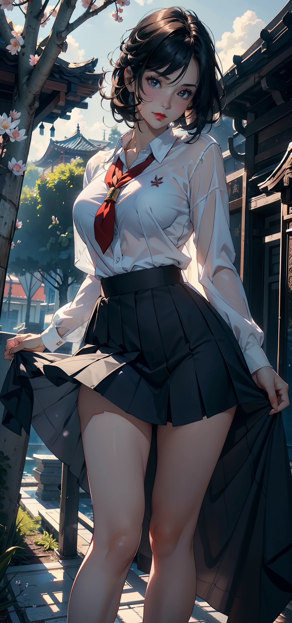 1female，45 yers old，Married Woman，熟妇，plumw，extremely large bosom， 独奏，（Background with：ponds，Cherry blossom forest，lotus flower）standing on your feet， She has short black hair，seen from the front，， mostly cloudy sky，（（（tmasterpiece），（Very detailed CG unity 8K wallpaper），best qualtiy，cinmatic lighting，detailed back ground，beatiful detailed eyes，Bright pupils，Black eyes，Snow-whiteskin，Redlip（Very fine and beautiful），（Beautiful and detailed eye description），ultra - detailed，tmasterpiece，））facing at camera，A high resolution，ultra - detailed），revealing breasts，Bare genitalia，  Bulge，legs are open，Raised sexy，Camel toes，Desire for dissatisfaction，frontage，Navy，elementary student，（Wearing：see-through school uniform，Transparent sailor uniform，Puffy skirt，Bare ，）