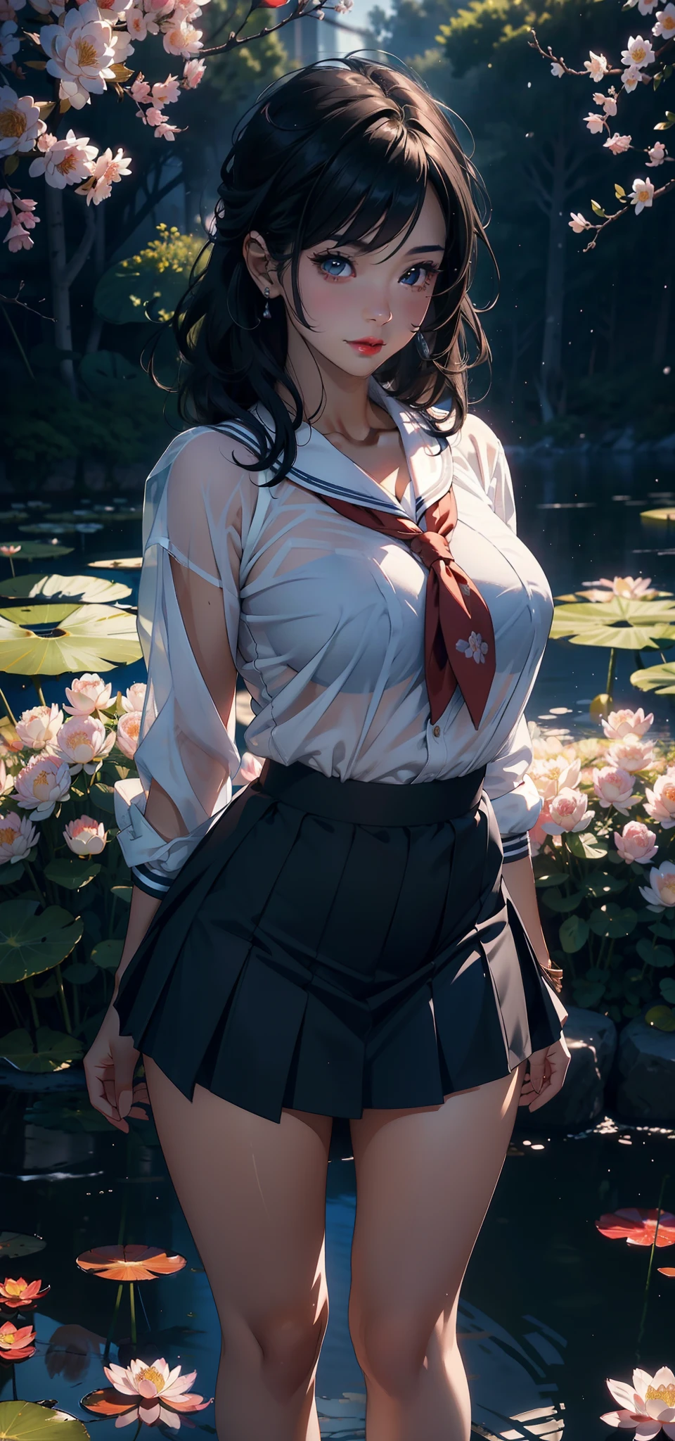 1female，35yo，plumw，extremely large bosom， 独奏，（Background with：ponds，Cherry blossom forest，lotus flower）Lie underwater， She has short black hair，standing on your feet，seen from the front， Twist braids， mostly cloudy sky，（（（tmasterpiece），（Very detailed CG unity 8K wallpaper），best qualtiy，cinmatic lighting，detailed back ground，beatiful detailed eyes，Bright pupils，Black eyes，Snow-whiteskin，Redlip（Very fine and beautiful），（Beautiful and detailed eye description），ultra - detailed，tmasterpiece，））facing at camera，A high resolution，ultra - detailed），revealing breasts，Bare genitalia，  Bulge，legs are open，Raised sexy，Camel toes，Flushed complexion，Desire for dissatisfaction，frontage，stewardess，Navy，（Wearing：Sailor uniform，Blue and white color scheme，Bare ）