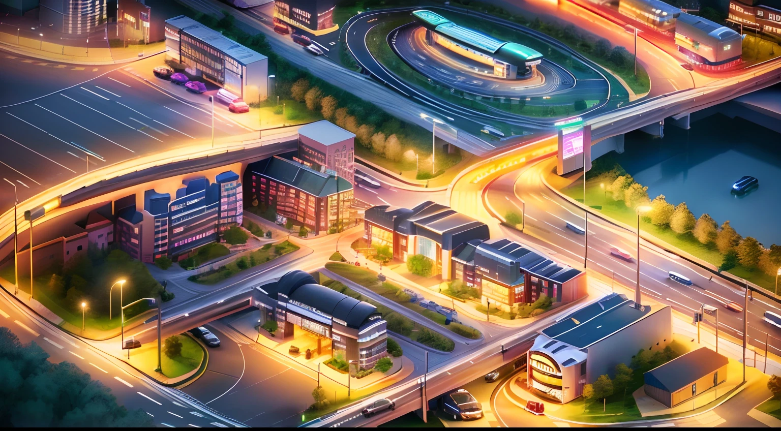 A city with an isometric view, metro train terminal with highway and cars in the background, street lights, stop signs, waiting area, a close up of a model of a town, metro train terminal with highway in the background, 3d, lowpoly, detailed
