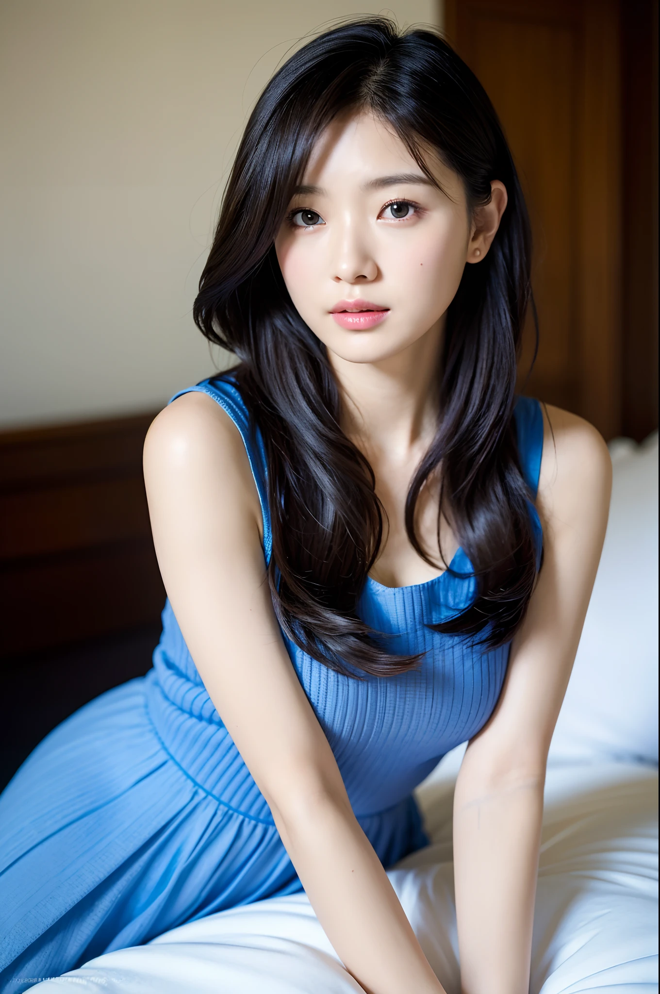 ((top-quality、8K、masterpiece:1.3))、a close up of a woman in a blue dress sitting on a bed、extremely delicate and beautiful girl、clear and beautiful、Three-dimensional and beautiful detailed shine、eye lashes、wind blown hair、realistic and detailed face、Light smile、Super delicate face、Delicat eyes、pale-skinned、bewitching、sensually、Japan person model、A sexy:8、Visible above the knee、Sensual gravure idol、bewitching、ecchi、Cute gravure idol、Vibrant colors!、huge filesize, ultra-detailliert, hight resolution, ighly detailed, top-quality, masterpiece, ighly detailed, CG, Unity, 8k wallpaper, astonishing, finely detail, masterpiece, top-quality, Highly detailed CG8k wallpapers, face lights, Cinematographic lighting、((Knee bending and leg retention))、hight resolution、The ultra-detailliert、High Definition CG Unity 8k Wallpapers、