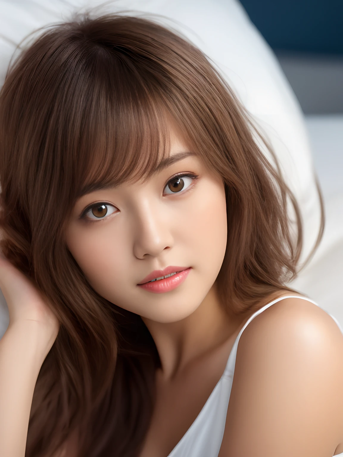 ((Best quality, 8k, Masterpiece :1.3)), Sharp focus :1.2, A pretty Korean woman with perfect figure :1.4, toned body, muscular :1.2, 19years old, glamorous, (No-makeup look), (kneeling), On the couch, looking at viewer, medium hair, messy hair, diagonal bangs, brown hair, brown eyes, beautiful eyes, upper body, (high angle shot), (dynamic angle), cinematic lighting, in focus with blurred background,　
