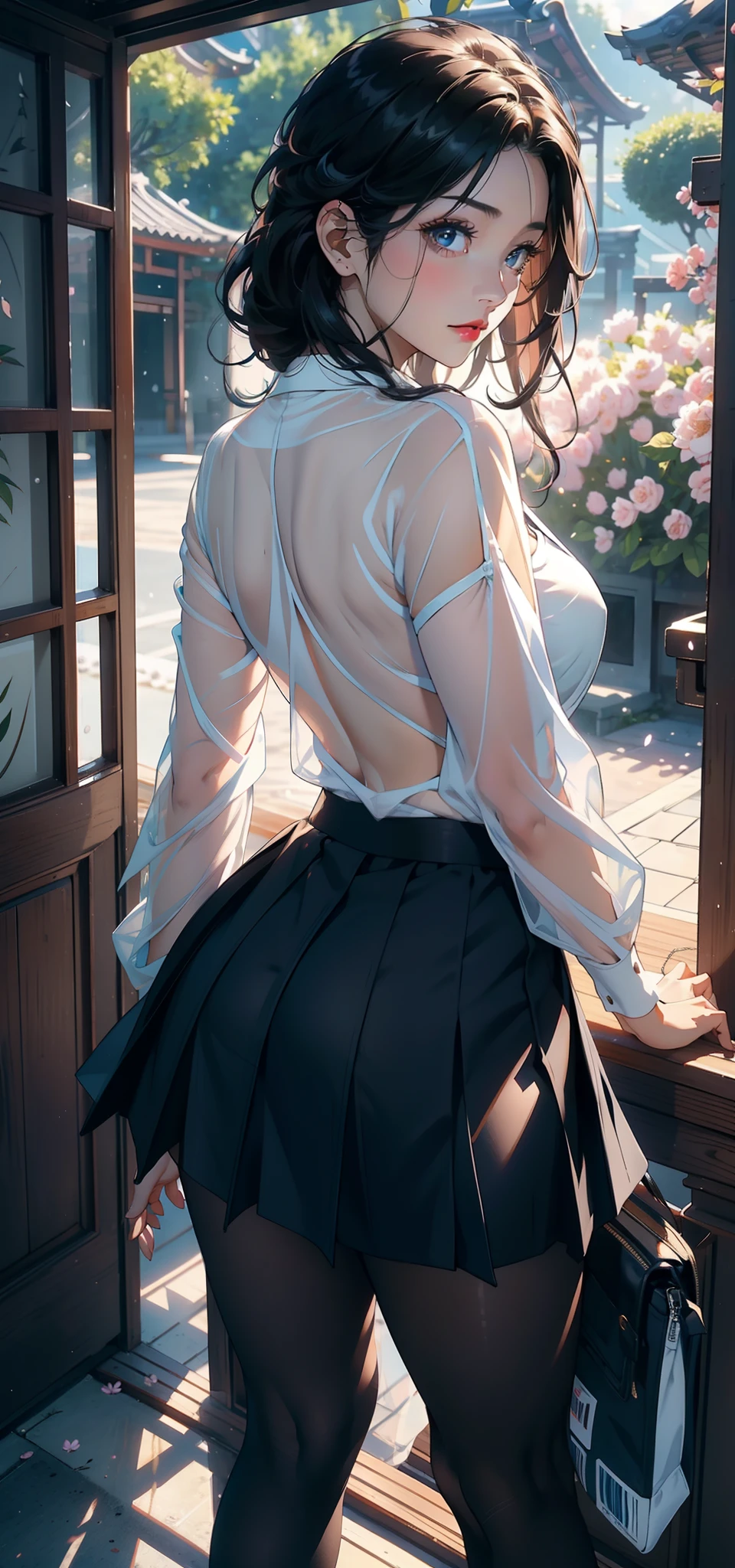 1female，45 yers old，Married Woman，熟妇，plumw，extremely large bosom， 独奏，（Background with：ponds，Cherry blossom forest，lotus flower）standing on your feet， She has short black hair，seen from the front，， mostly cloudy sky，（（（tmasterpiece），（Very detailed CG unity 8K wallpaper），best qualtiy，cinmatic lighting，detailed back ground，beatiful detailed eyes，Bright pupils，Black eyes，Snow-whiteskin，Redlip（Very fine and beautiful），（Beautiful and detailed eye description），ultra - detailed，tmasterpiece，））facing at camera，A high resolution，ultra - detailed），revealing breasts，Bare genitalia，  Bulge，legs are open，Raised sexy，Camel toes，Desire for dissatisfaction，frontage，Navy，elementary student，（Wearing：see-through school uniform，Transparent sailor uniform，Puffy skirt，Bare ，）