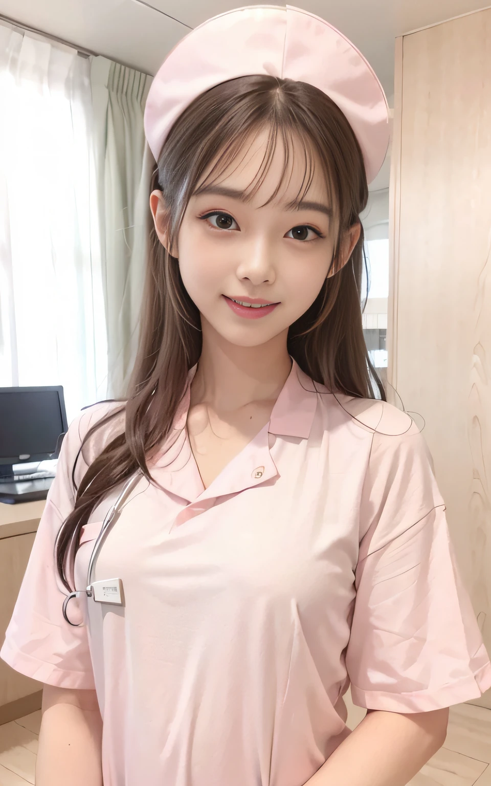 (top-quality、8K、32K、masterpiece、nffsw:1.2)、Photo of a cute Japanese woman、 1 人、(Medium short dark brown hair)、(small tits)、二重まぶた、White nurse uniform、Little White Nurse (caps) 、White shirt、open-shirt、hospitals、Hospital Room、The upper part of the body、