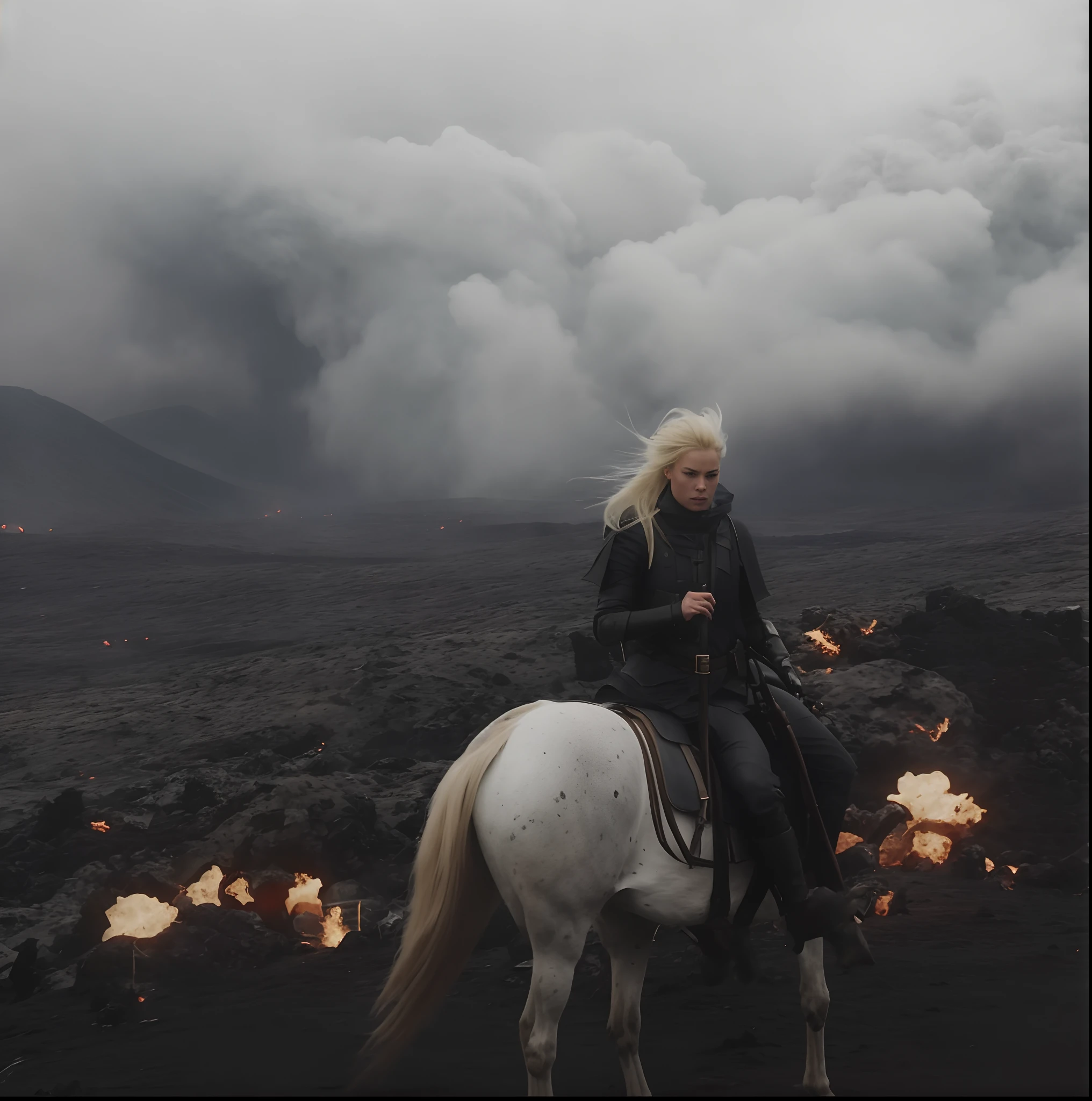 There is a woman riding a horse on a lava field, kerli koiv, fantasy movie still, stunning vfx, stormy and grand war scene, epic cinematic shot, fantasy style 8 k octane render, stunning moody cinematography, dramatic cinematic shot, Cinematic epic shots, fantasy lut, great composition cinematic, stunning cinematography, badass composition, mounted on a horse