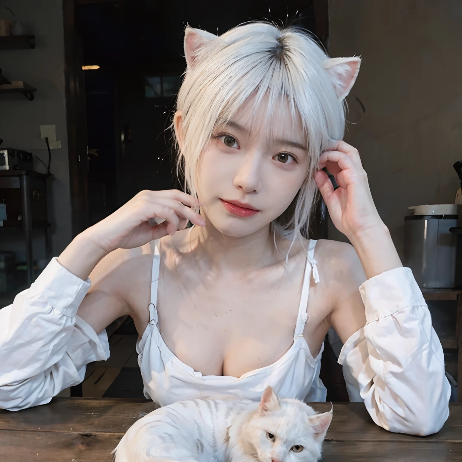 8K,((NSFW))、(Sexy poses collection)、((in one's underwear only))、(((White hair color))) 、undersized head、Best Quality, masutepiece, Ultra High Resolution, (Realism: 1.4), Original photo, (True skin texture: 1.3), (Film grain: 1.3), Beautiful eyes and face details, masutepiece, Best Quality, close up, Full body、short-cut、18year old、White cat ears