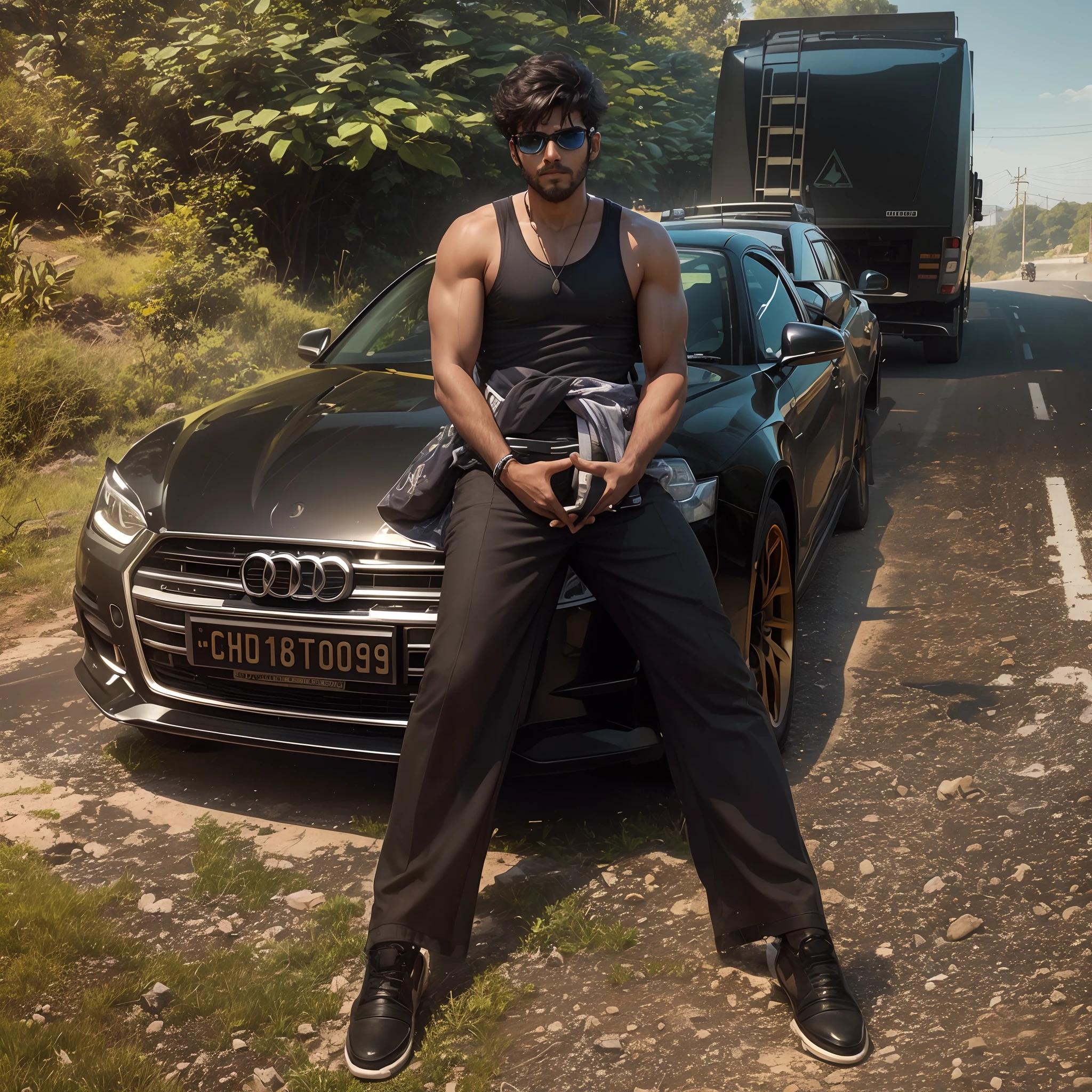 Perfect colour grading, young teenager, indian, face indian, handsome, realistic ultra hd,sunny, details,muscles,road, wearing black googles, spectacle