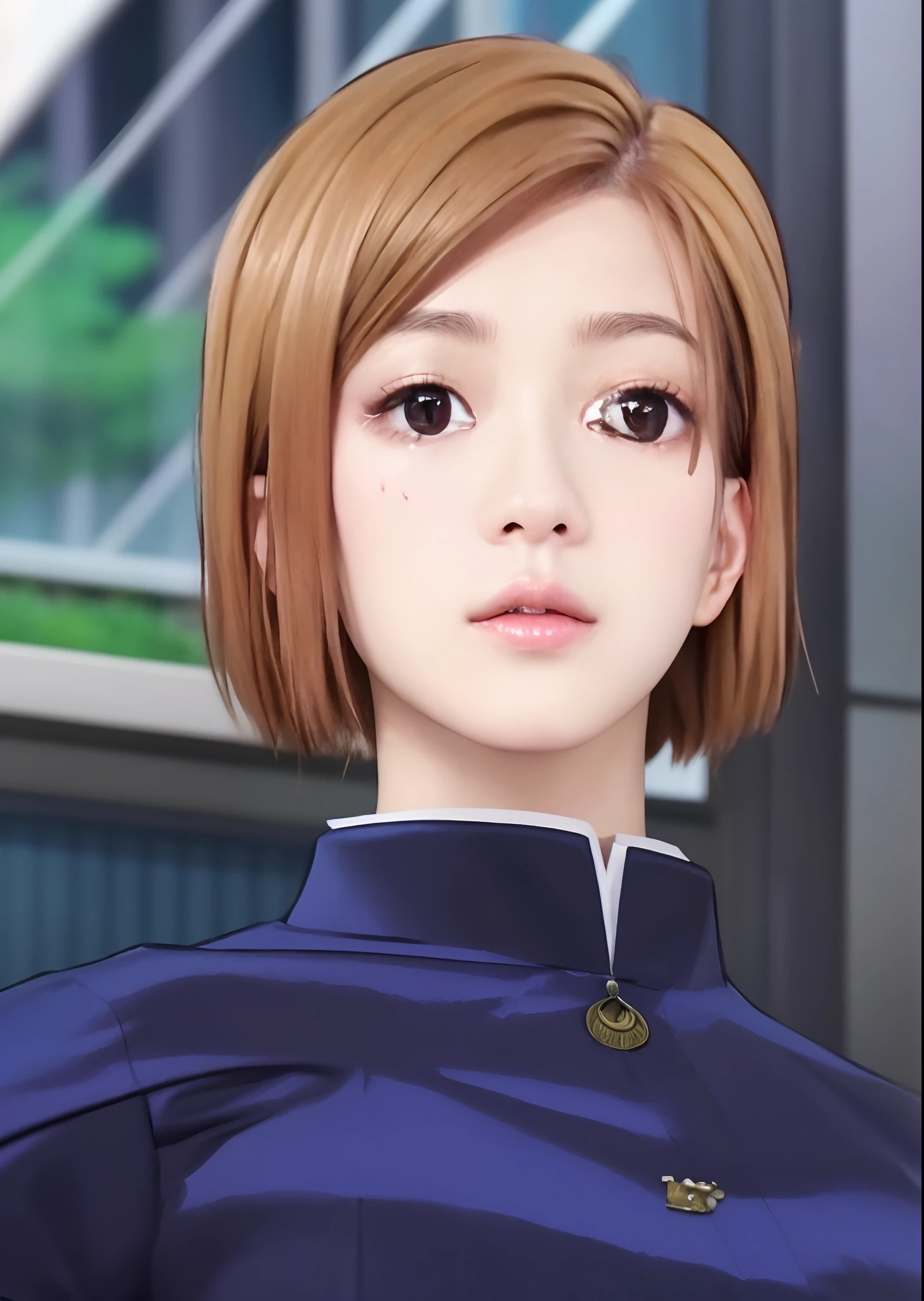 High quality image, masterpiece, detailed hair texture, detailed skin texture, detailed cloth texture, 8k, add fabric details, ultra detailed skin texture, ultra detailed photo, skin pores, cloth details, high skin details, realistic hair details, portrait of a girl, kugisaki nobara from jjk, wearing a Jujutsu suits