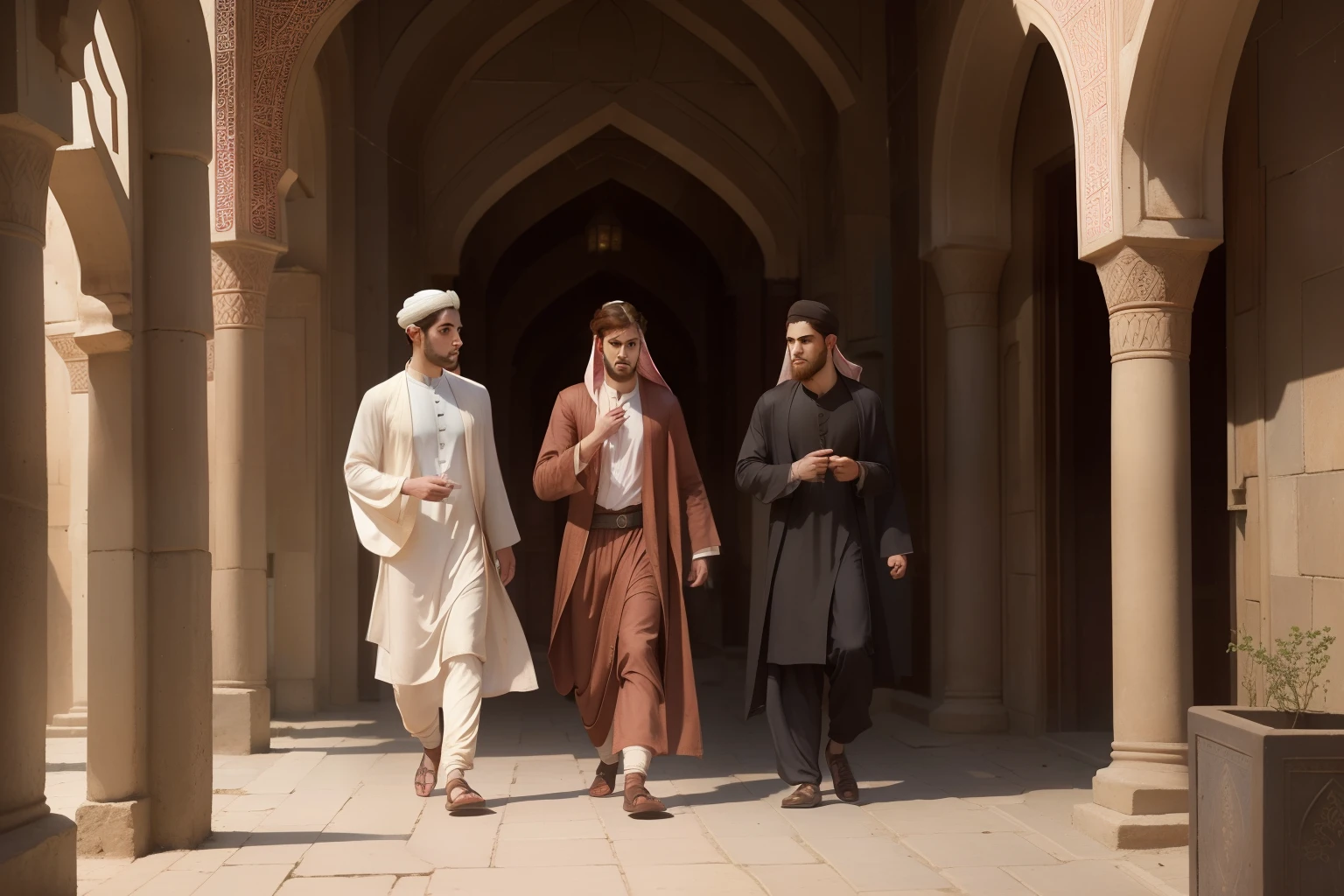 Year: 11th century. Location: Shiraz. Pre-raphaelite scene with a 22-year-old english man, physician, with two more young men, walking through empty (rose quartz) streets, ((ominous feeling)) ((fear)), ((((11th century qamis)))) ((11th century hairstyle)), (((cinematic style)))