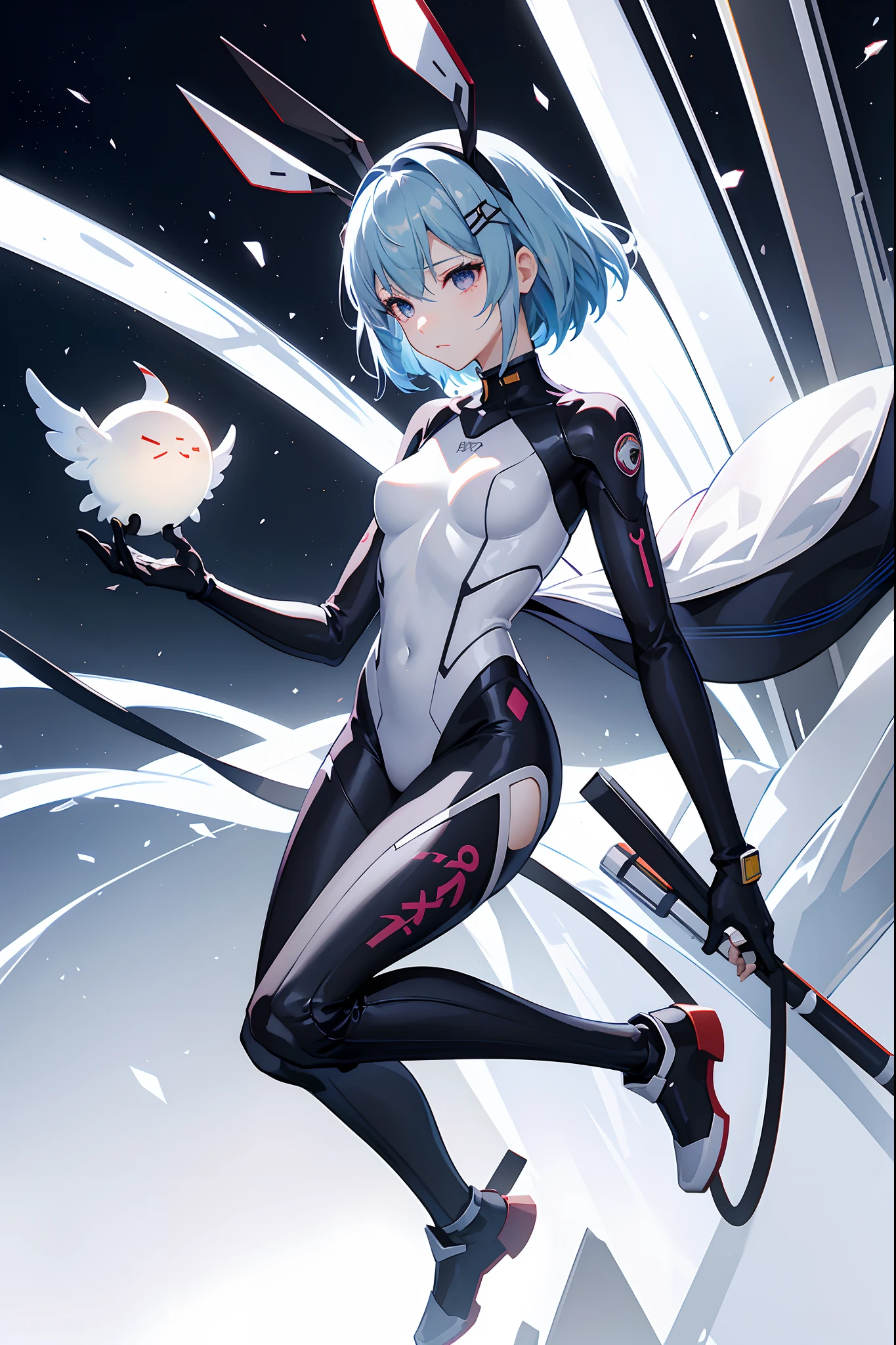 full body Esbian、独奏、1 girl,独奏、full body Esbian、独奏、ultra-definition、Ayanami Kaze、Eva、Rei Ayanami、masuter piece、top-quality、plugsuit、White background、For blue hair、独奏、short-hair、Less decoration、It features a simple