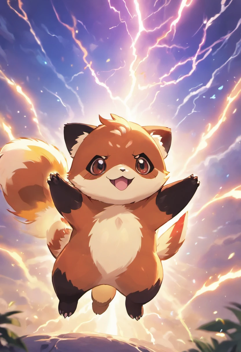 best quality,ultra-detailed,red panda style pokemon,electric powers,fluffy fur,sharp claws,playful personality,mysterious eyes,fierce lightning bolts,jumping in mid-air,beautiful surroundings,colorful environment,anime style,soft lighting,warm color tones