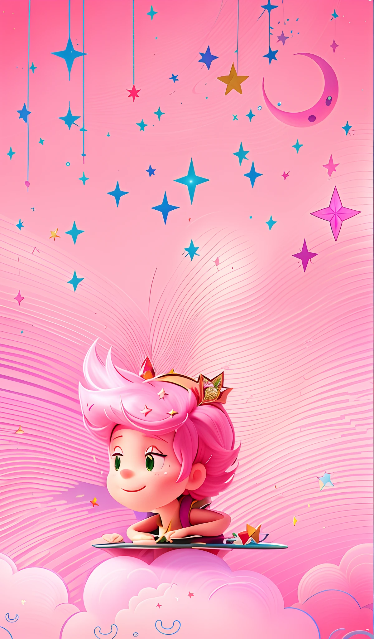 Cartoon man with pink hair and a crown on his head sitting in the clouds, borboleta estrela, pink iconic character,delicate androgynous prince, Glitter gif, cabelo de nabo, fundo do telefone, background is celestial, fritar, with petals falling from starfish, paisagem montanhosa, deslumbrante, cheio de flores, Ultra resolution, 4k