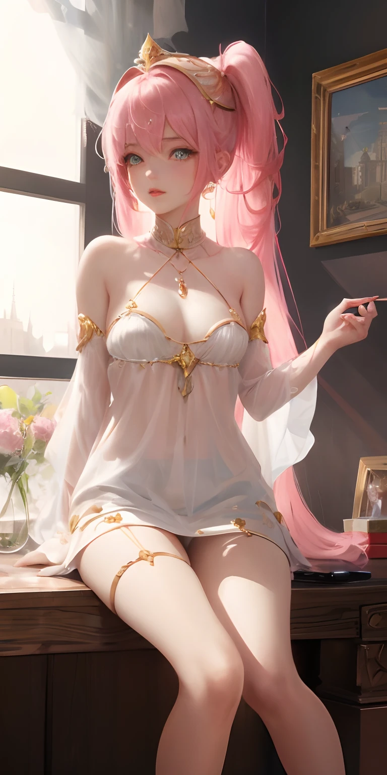 tmasterpiece, A high resolution, 1girll, Goddess of Victory, beautiful  face, A meticulous face, with pink hair, By bangs, Earphone, upper legs，Be red in the face，ssmile，full bodyesbian，exposed bare shoulders，Eyebrows visible through hair，head gear，long whitr hair，looking at viewert，shift dresses，spread their legs，Camel toes，Tong，pantiess，standing on your feet