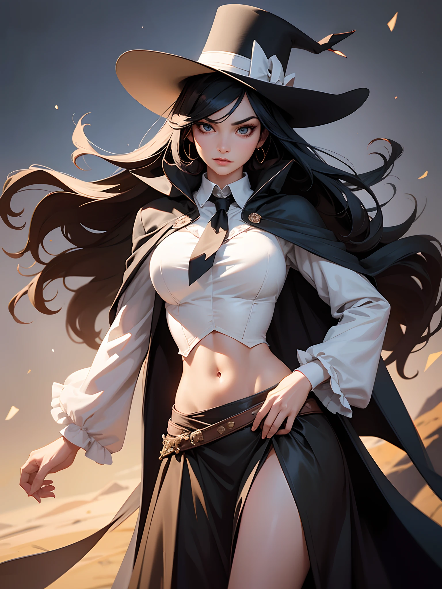 1woman, beautiful face, mean expression, black hair, long hair, gunslinger, wild west, black bolo tie, dark cloak, long cloak, (white bodice), long brown skirt, wearing a wide-brimmed top hat, low hat, medium breast, slim waist, wide hips, wearing a revolver, belly covered, background starry night, looking at left side, zatanna