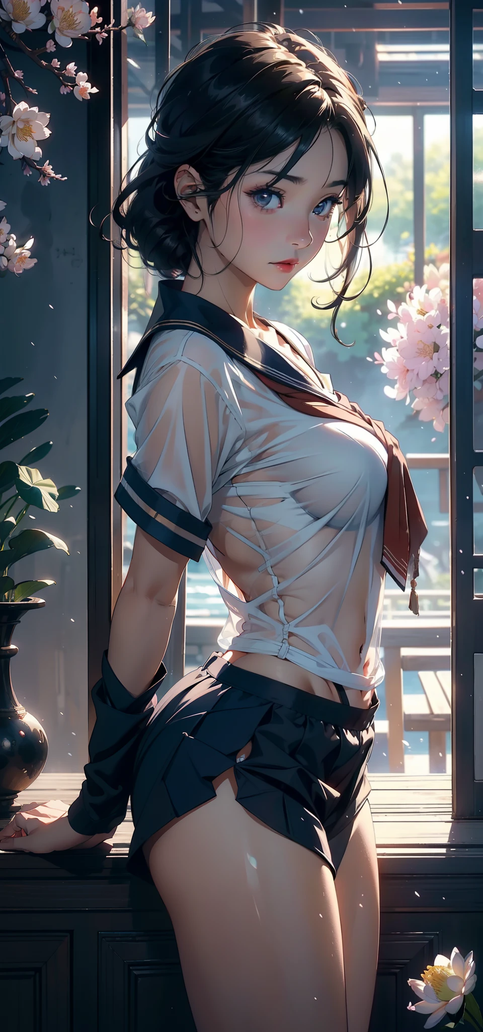 1female,45 yers old,Married Woman,熟妇,plumw,extremely large bosom, 独奏,(Background with:ponds,Cherry blossom forest,lotus flower)Lie on your back under water, She has short black hair,seen from the front,, mostly cloudy sky,(((tmasterpiece),(Very detailed CG unity 8K wallpaper),best qualtiy,cinmatic lighting,detailed back ground,beatiful detailed eyes,Bright pupils,Black eyes,Snow-whiteskin,Redlip(Very fine and beautiful),(Beautiful and detailed eye description),ultra - detailed,tmasterpiece,))facing at camera,A high resolution,ultra - detailed),revealing breasts,Bare genitalia, Bulge,legs are open,Raised sexy,Camel toes,Desire for dissatisfaction,frontage,Navy,elementary student,(Wearing:see-through school uniform,Transparent sailor uniform,Bare ,)