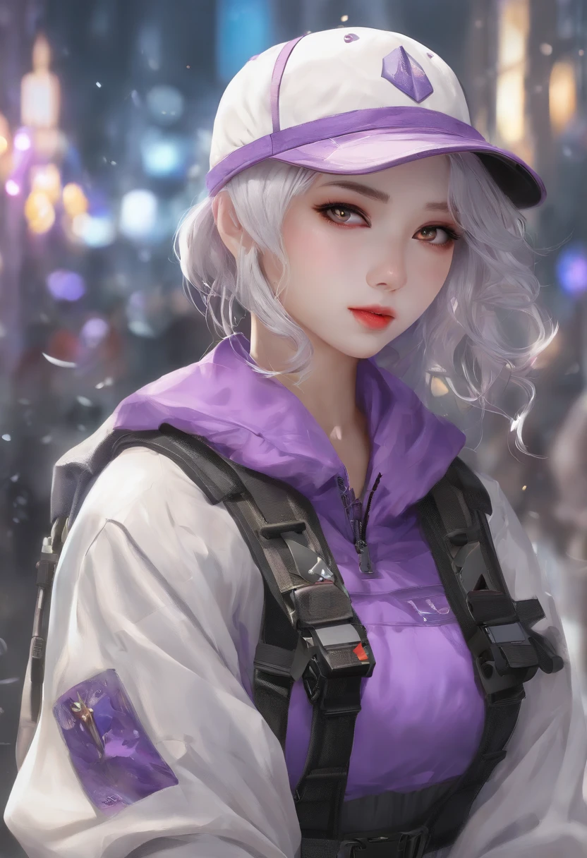 masterpiece, best quality, 4k, UHD, mishoujo, painting, beautiful eyes and detailed face, illustration, beautiful detailed, high resolution illustration, glowing_white_particles, 1girl, white hair, light purple eye, hair over one eye, short sidetail, baseball cap,expressionless, window shade, black jacket, chest rig, cyberpunk, techwear,(Impressionism:1.4), Vincent van Gogh