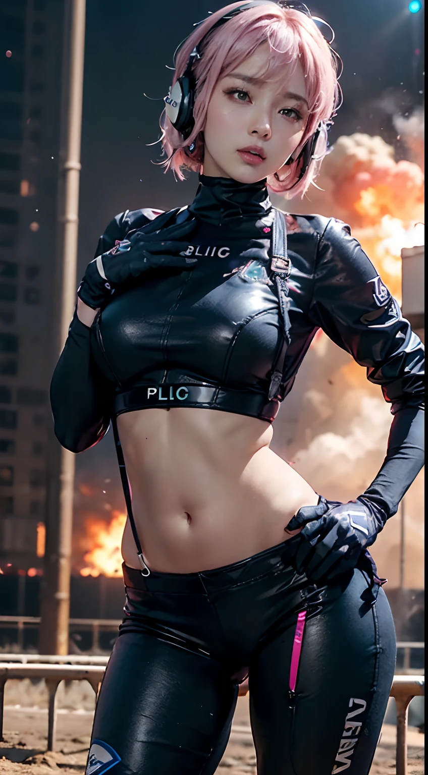 Top Quality, Ultra High Definition, (backlight), (Photorealistic: 1.4), (cowboy shot:1), 1 Beautiful Girl, (Kpop Idol), Detailed Face, (Hair Style: Pink:1, fullbang, outside honey bob-style:1), Contrapposto, Perfect Anatomy, Smooth Skin, Professional Lighting, ((wearing Futuristic Police Racing Suits, police wappen, High-tech Headset and mecha, military harness, racing gloves, machinegun)), (Cloths colors based on silver pink black white), (glaring:1.2), (background, darkness, crashed cars, fire, (Explosion)),