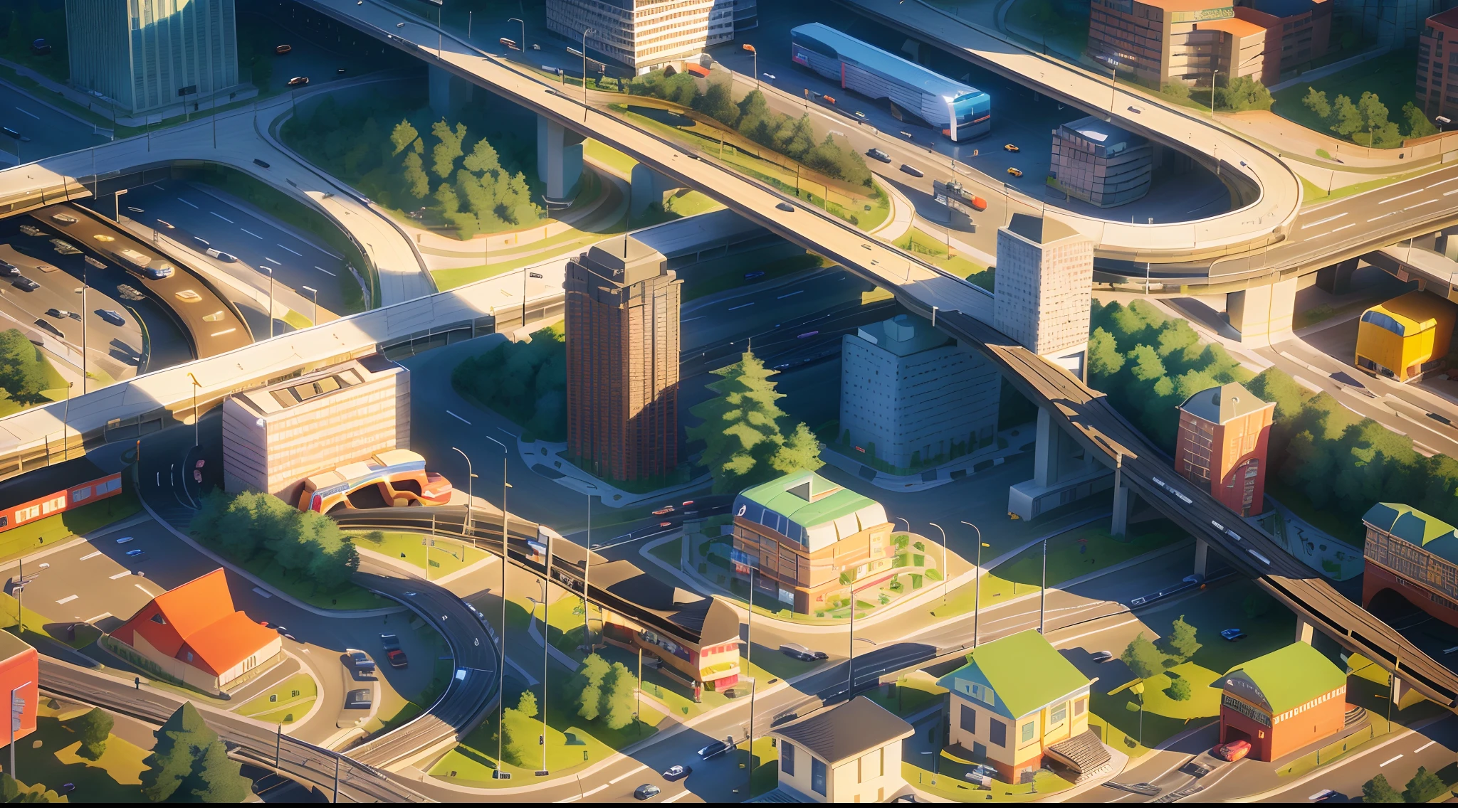 A city with an isometric view, metro train terminal with highway and cars in the background, street lights, stop signs, waiting area, a close up of a model of a town, metro train terminal with highway in the background, 3d, lowpoly, detailed, highways, metro train, elevated highways, lowpoly cars, day scene