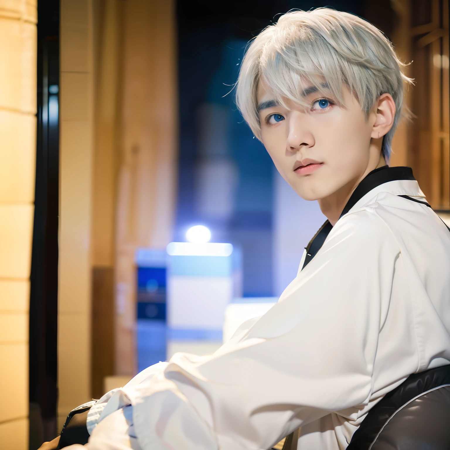 Anime boy with white hair and blue eyes staring at camera, Hajime Yatate, kaworu nagisa, White-haired Chang Chan, male anime characters, tall anime man with blue eyes, whaite hair，white haired god, kaneki ken, Male anime style