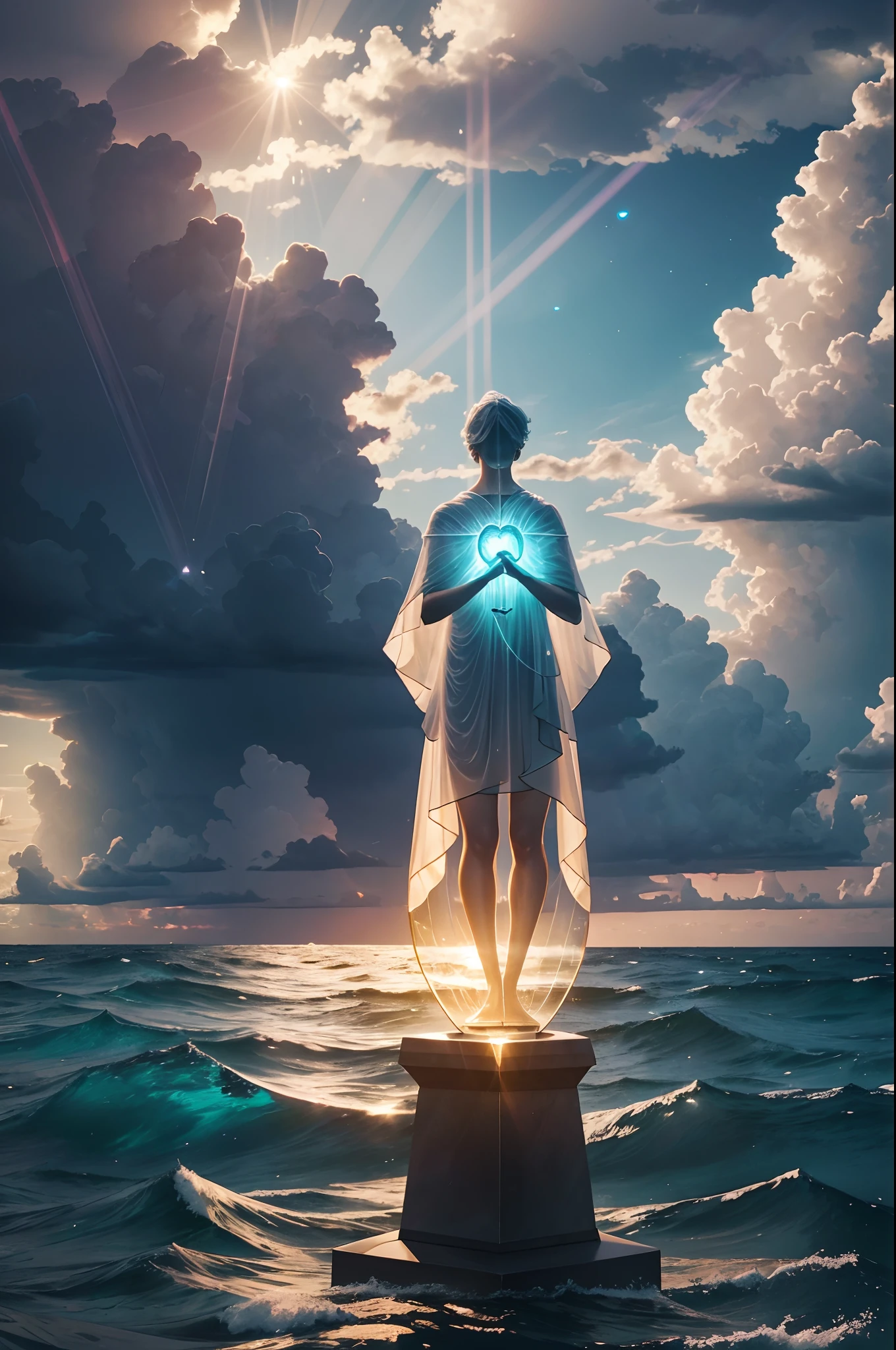 An illustration of a human heart made of translucent glass, standing on a pedestal amidst a stormy sea. Rays of sunlight pierce the clouds, illuminating the heart, revealing a tiny universe within.