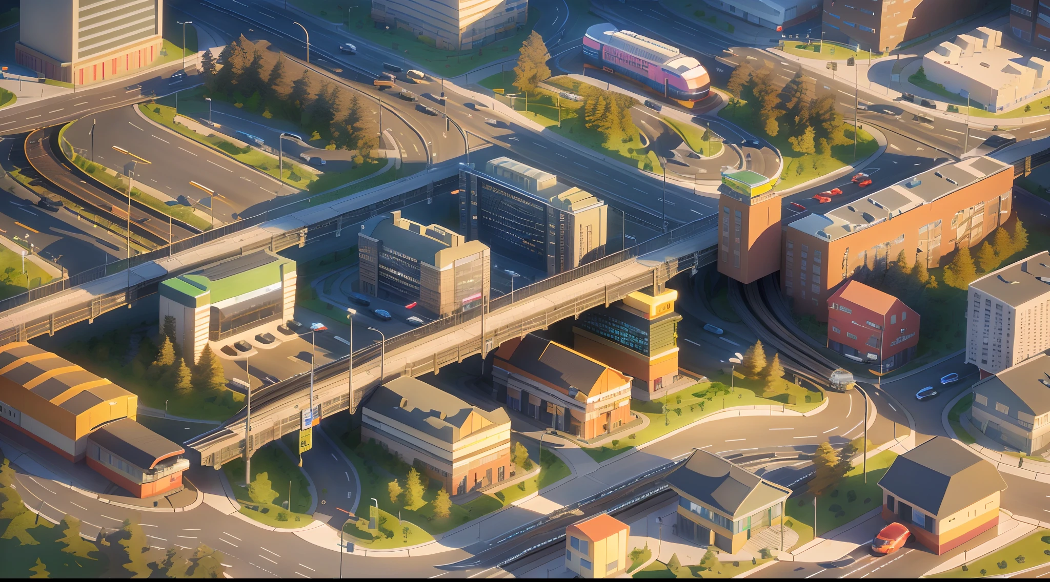 A city with an isometric view, metro train terminal with highway and cars in the background, street lights, stop signs, waiting area, a close up of a model of a town, metro train terminal with highway in the background, 3d, lowpoly, detailed, highways, metro train, elevated highways, lowpoly cars, day scene