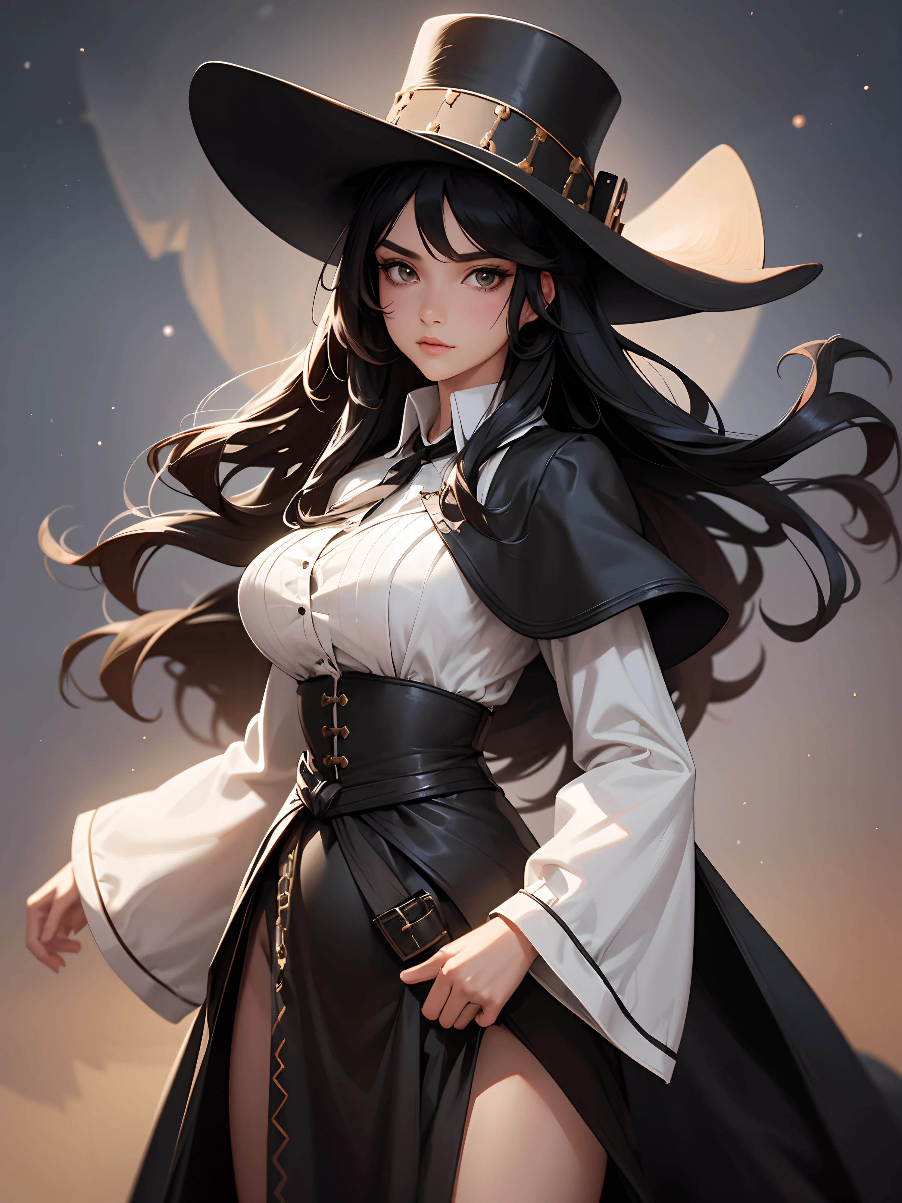 1woman, beautiful face, black hair, long hair, gunslinger, wild west, black bolo tie, dark cloak, (white bodice), long brown skirt, wearing a wide-brimmed top hat, low hat, medium breast, slim waist, wide hips, wearing a revolver, belly covered, background starry night, looking at her right side