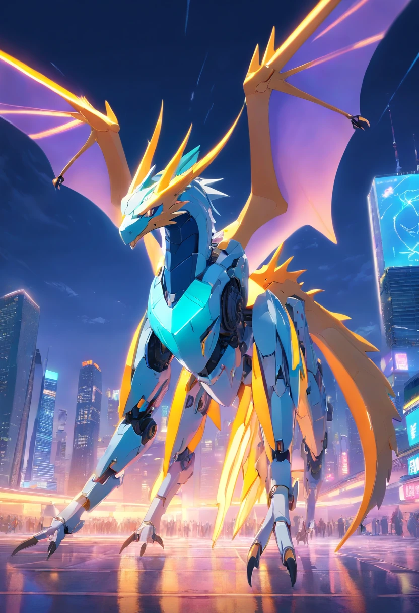 make a Wyvern robot, it looks like a dragon without front arms, it has a long neck, only two wings and strong hind legs, The body is long and slender, with a long and tapering tail, its two wings have a wingspan greater than body length and bat-like, has muscular hind legs and sharp claws, Cyberpunk, dreamy glow, luminous neon lights, clean, white background, ( global illumination, Streak Traching, HDR, unrealistic rendering, reasonable design, high detail, master piece, best quality, hyper HD, Cinematic lighting)
