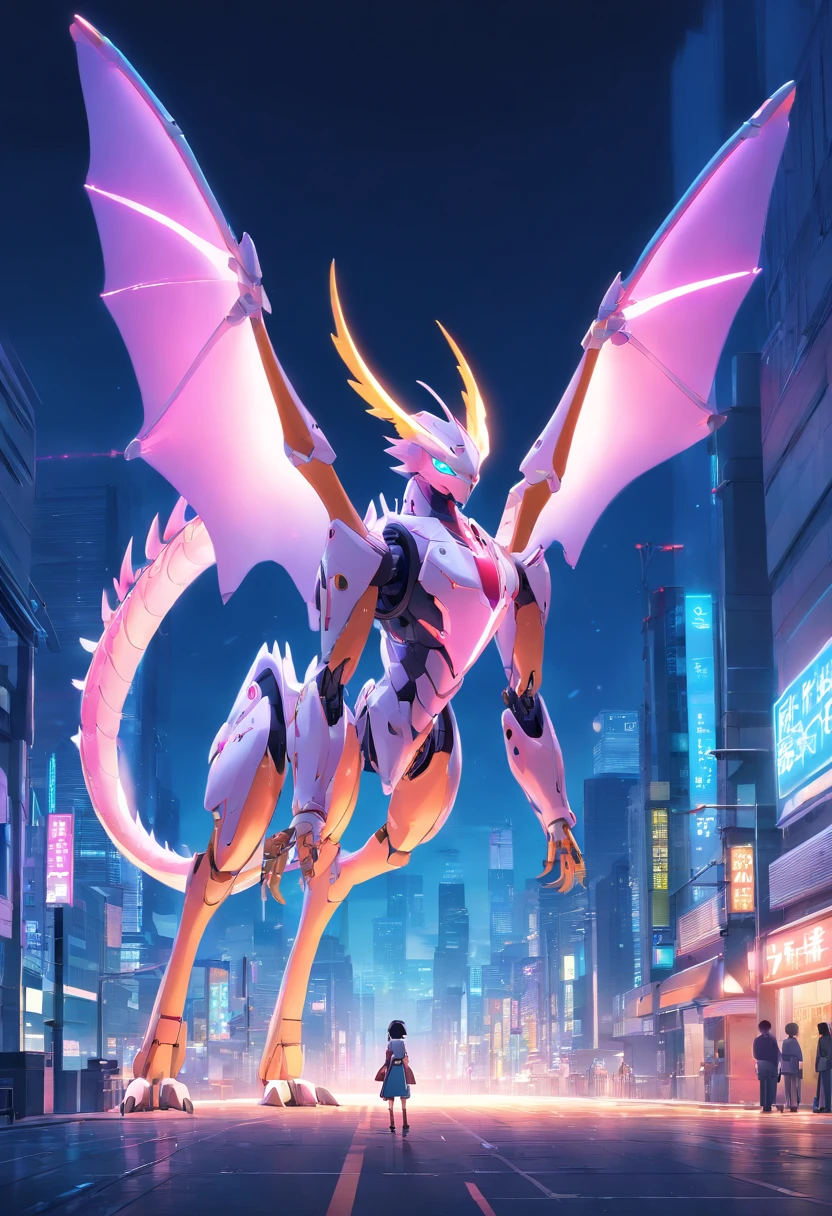 make a Wyvern robot, it looks like a dragon without front arms, it has a long neck, only two wings and strong hind legs, The body is long and slender, with a long and tapering tail, its two wings have a wingspan greater than body length and bat-like, has muscular hind legs and sharp claws, Cyberpunk, dreamy glow, luminous neon lights, clean, white background, ( global illumination, Streak Traching, HDR, unrealistic rendering, reasonable design, high detail, master piece, best quality, hyper HD, Cinematic lighting)