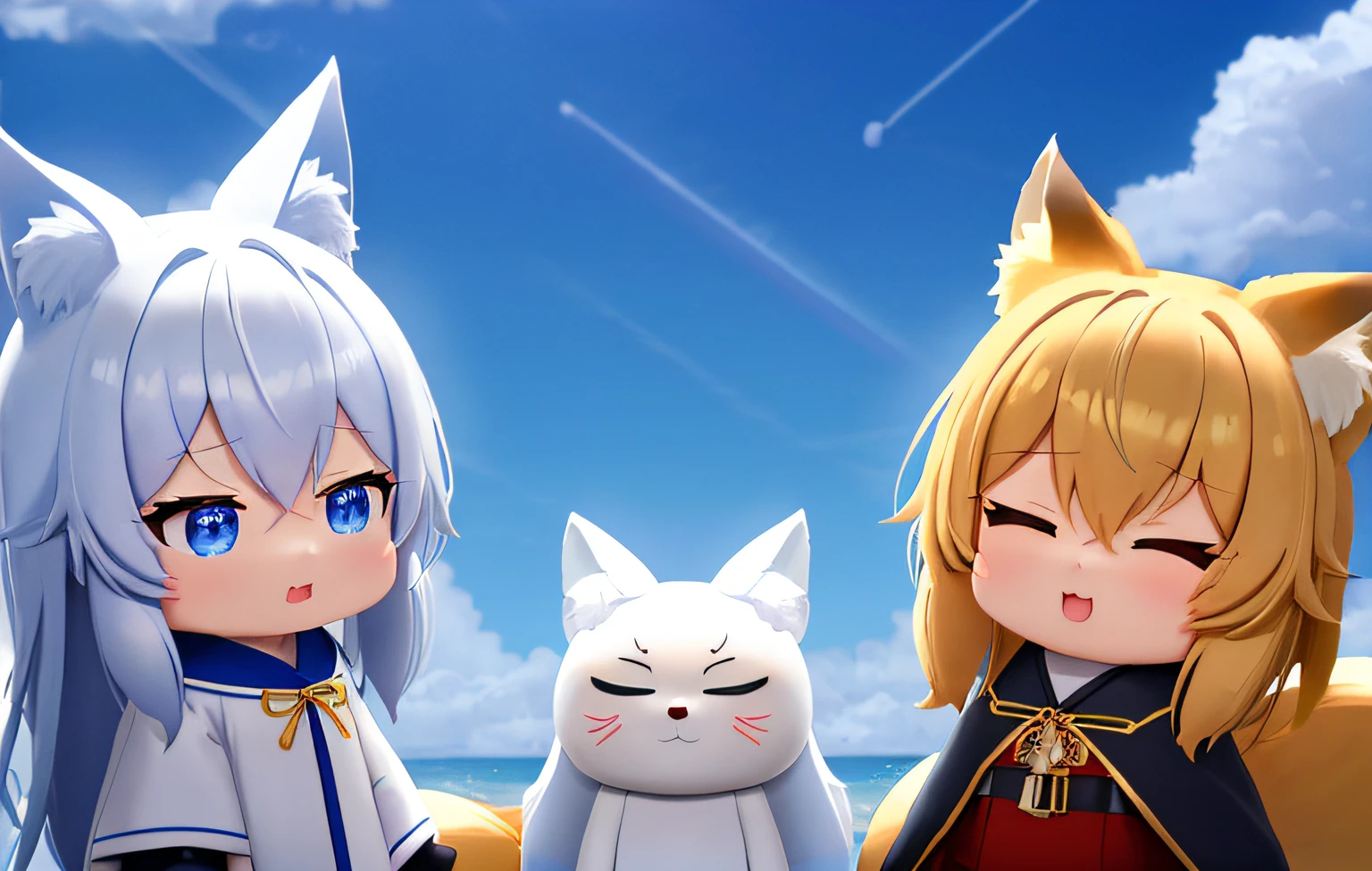 Waving the flag at the top of the mountain、Pop Mart Blind Box IP、Close up of cute white robe doll、Young One Angel Style、Wear longer, Dress fluently、Lop style、Poseline doll、Little people々々々々々々々々々々々々々々々々々々々々々。unreal enginee 5、Light 3D/C4D production: 8K HD quality/illuminating/Ultra-fine lens description 1.5、flawless、Chibi Background/Cinematic。Tuna bowl、macadamia、(((７Foxes get along well)))