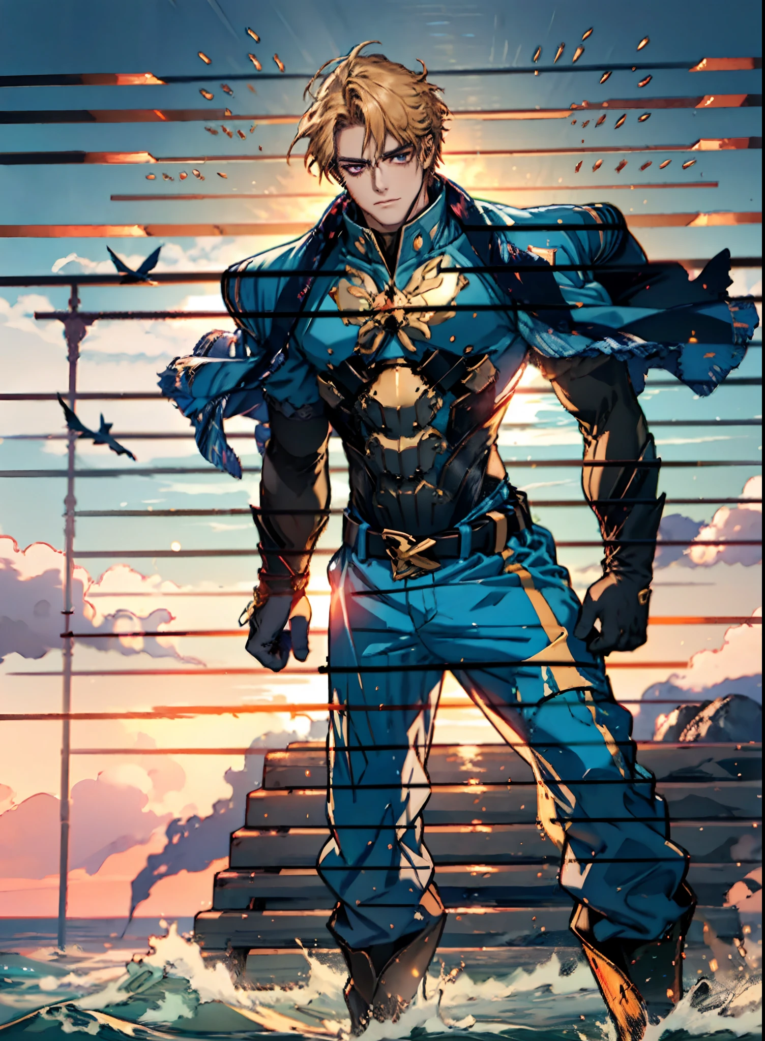 A middle-aged man with short golden hair, thick and tousled hair, a stern look, sharp eyes, well-defined facial features, a strong physique, he wears a short cape that flutters in the wind, a tight-fitting fantasy-style outfit, primarily in shades of blue-purple, accented by touches of orange-red and white, a gold belt with red jewels, matching trousers, the backdrop of a raging sea battle scene, a scene of intense naval warfare unfolds, this character embodies a finely crafted fantasy-style formidable maritime overlord in anime style, characterized by an exquisite and mature manga illustration art style, high definition, best quality, highres, ultra-detailed, ultra-fine painting, extremely delicate, professional, anatomically correct, symmetrical face, extremely detailed eyes and face, high quality eyes, creativity, RAW photo, UHD, 8k, Natural light, cinematic lighting, masterpiece:1.5