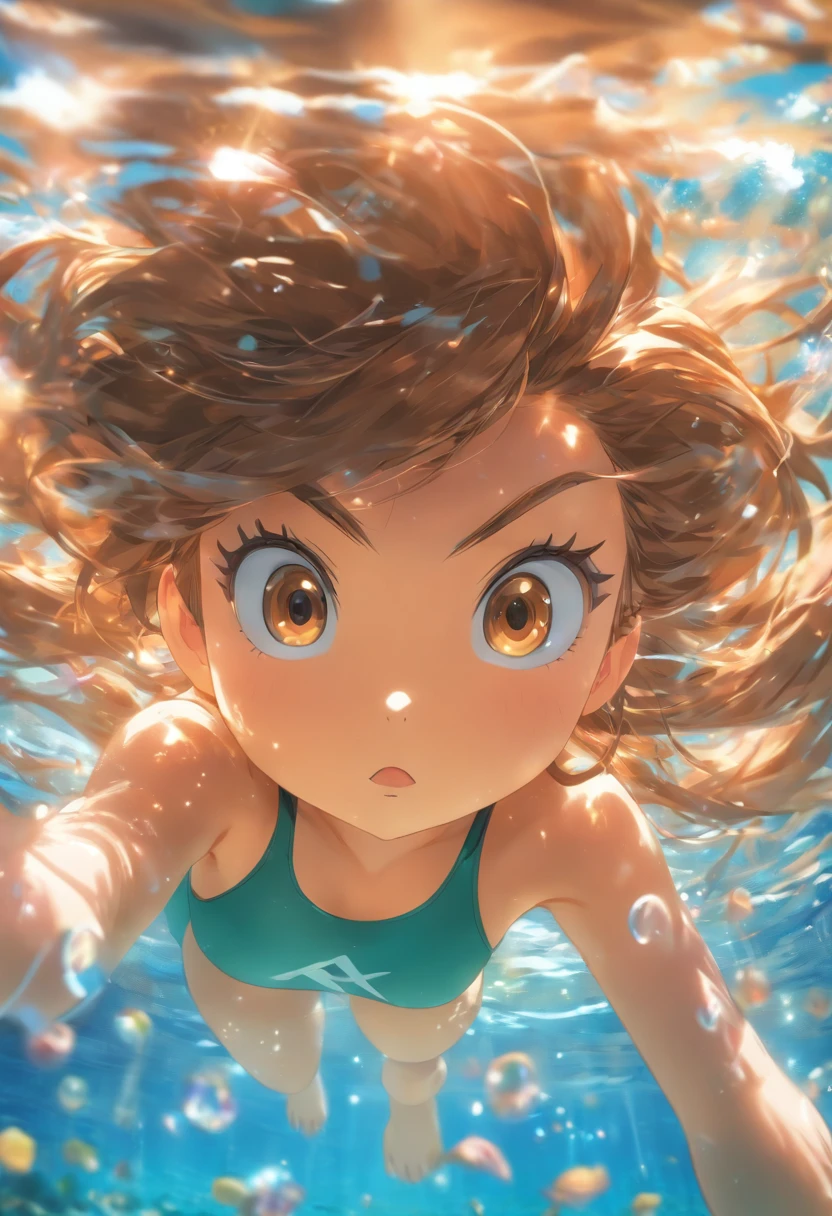 foreshortening, Depth of field, Masterpiece, Best quality, 1girll, Brown hair, Brown eyes, Long hair, Underwater, airbubble, Solo, view the viewer, School swim wear, Swimming, Dappled sunlight,