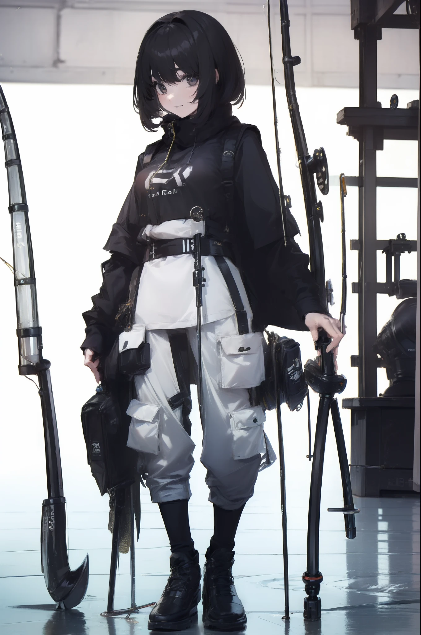 ((((Have a fishing rod with a reel:1.5)))),((Female 28 years old)),((Best Quality:1.5)),(((Fine fingers、Ratio 4 fingers and 1 thumb,detailed arms,detailed human hands))),(((Hands with the correct number and structure of fingers:1.4))),((Lakeside:1.37)),hight resolution,ultra-detailliert,masterpiece,best qualtiy,(Eight-headed body),(1 fishing rod,Holding a fishing rod in your hand,Fishing lure rod,Fishing Reels,Long Sleeve Outdoor Vest,Long pants for fishing,Big backpack),thin and long legs,Beautiful hip line,Beautiful spine,constricted back,Toned waist,beutiful breast),,Gentle smile,shiny lip,(1 fishing rod,Straight stretch fishing rod,Long fishing rod,Woman fishing with fishing rod in hand),Black hair, long eyeslashes, Solid Circle Eyes, drop shadow, Atmospheric perspective,Super Detail, ccurate, small brest,top-quality, blurry backround, bokeh dof:1.2, (masterpiece:1.3), Atmospheric perspective,Super Detail,dynamic compositions, Ultra High Quality,