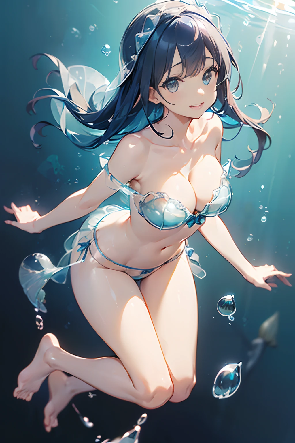 (in 8K, Best Quality, masutepiece:1.2), (game cg:1.37), Best Quality, 超A high resolution、Light shining, Smooth skin、1girl、(beautiful a girl:1.5 )、(Under the sea、with a blue background、Darkness background、underwater photo:1.5)、Water is gone、Below the surface of the water、(strapless bra、bare shoulder、transparent blue water bubble bra:1.8)、(Transparent blue water bubble panties:1.8)、(Cloak of transparent water bubbles、Transparent water bubble waist cloak)、(Transparent jellyfish beret)、erect nipples、cameltoe、pubic hair、(Swim in the water、Floating feeling)、(beatiful backgrounds:1.5)、weightless、(full body:1.5)、(landscape1.3)、from side、(fetal position1.3)、Glittering light、(Detailed large round breasts:1.3)、(cleavage of the breast)、middle hair、straight hair、bangss、(closing eye、Smile)、jellyfish、jellyfish、jellyfish