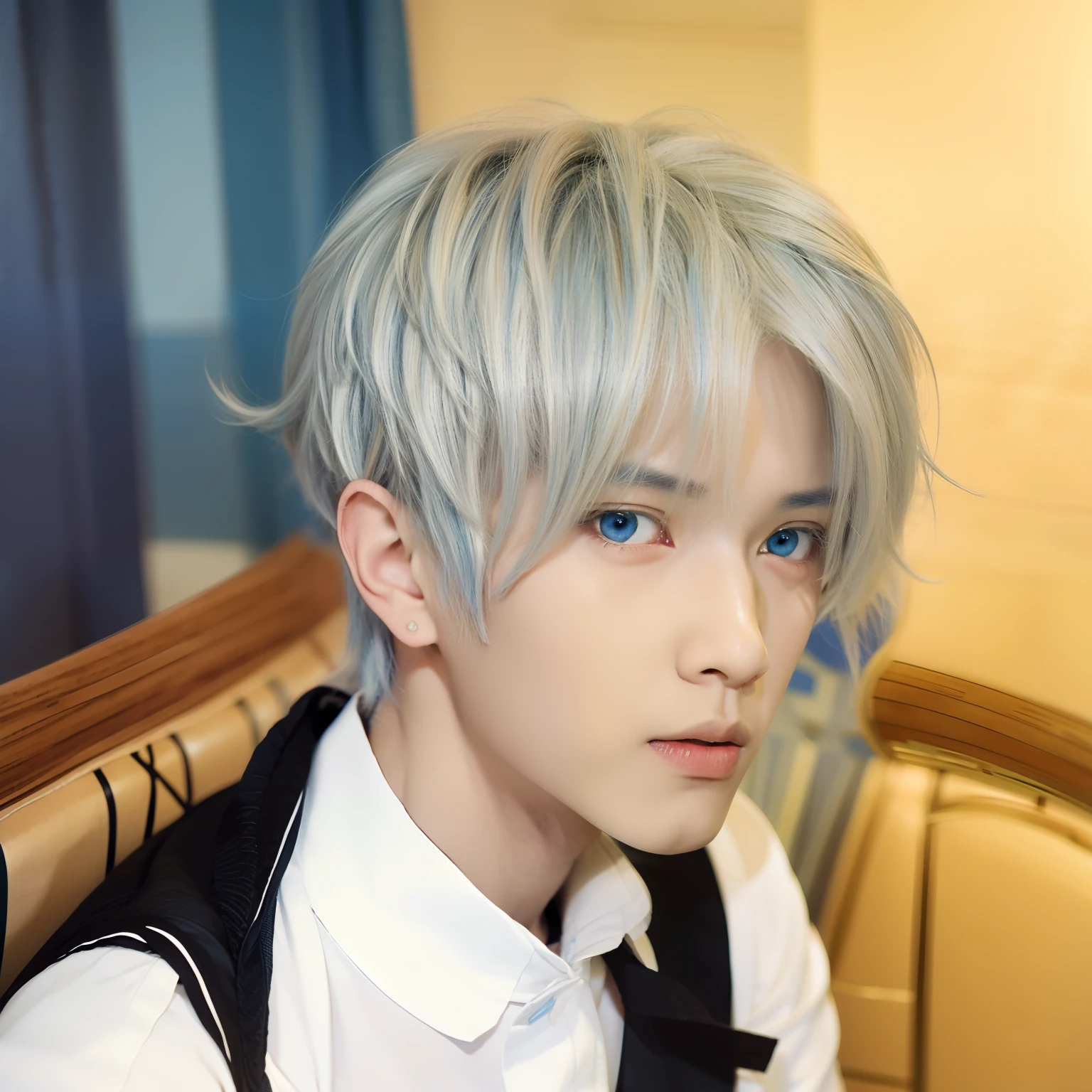 Anime boy with white hair and blue eyes staring at camera, Hajime Yatate, kaworu nagisa, White-haired Chang Chan, male anime characters, tall anime man with blue eyes, whaite hair，white haired god, kaneki ken, Male anime style