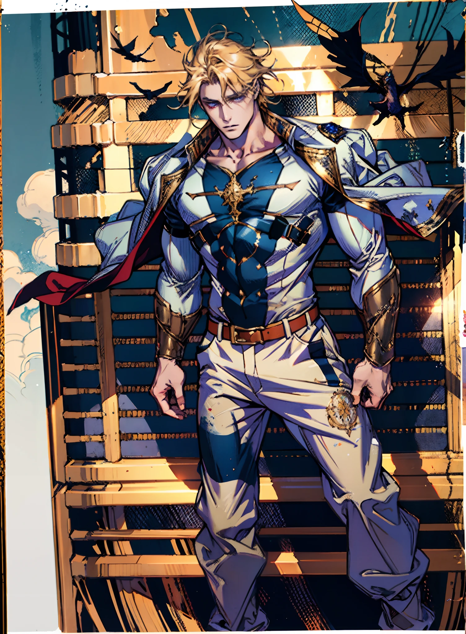 A middle-aged man with short golden hair, thick and tousled hair, a stern look, sharp eyes, well-defined facial features, a strong physique, he wears a short cape that flutters in the wind, a tight-fitting fantasy-style outfit, primarily in shades of blue-purple, accented by touches of orange-red and white, a gold belt with red jewels, matching trousers, the backdrop of a raging sea battle scene, a scene of intense naval warfare unfolds, this character embodies a finely crafted fantasy-style formidable maritime overlord in anime style, characterized by an exquisite and mature manga illustration art style, high definition, best quality, highres, ultra-detailed, ultra-fine painting, extremely delicate, professional, anatomically correct, symmetrical face, extremely detailed eyes and face, high quality eyes, creativity, RAW photo, UHD, 8k, Natural light, cinematic lighting, masterpiece:1.5