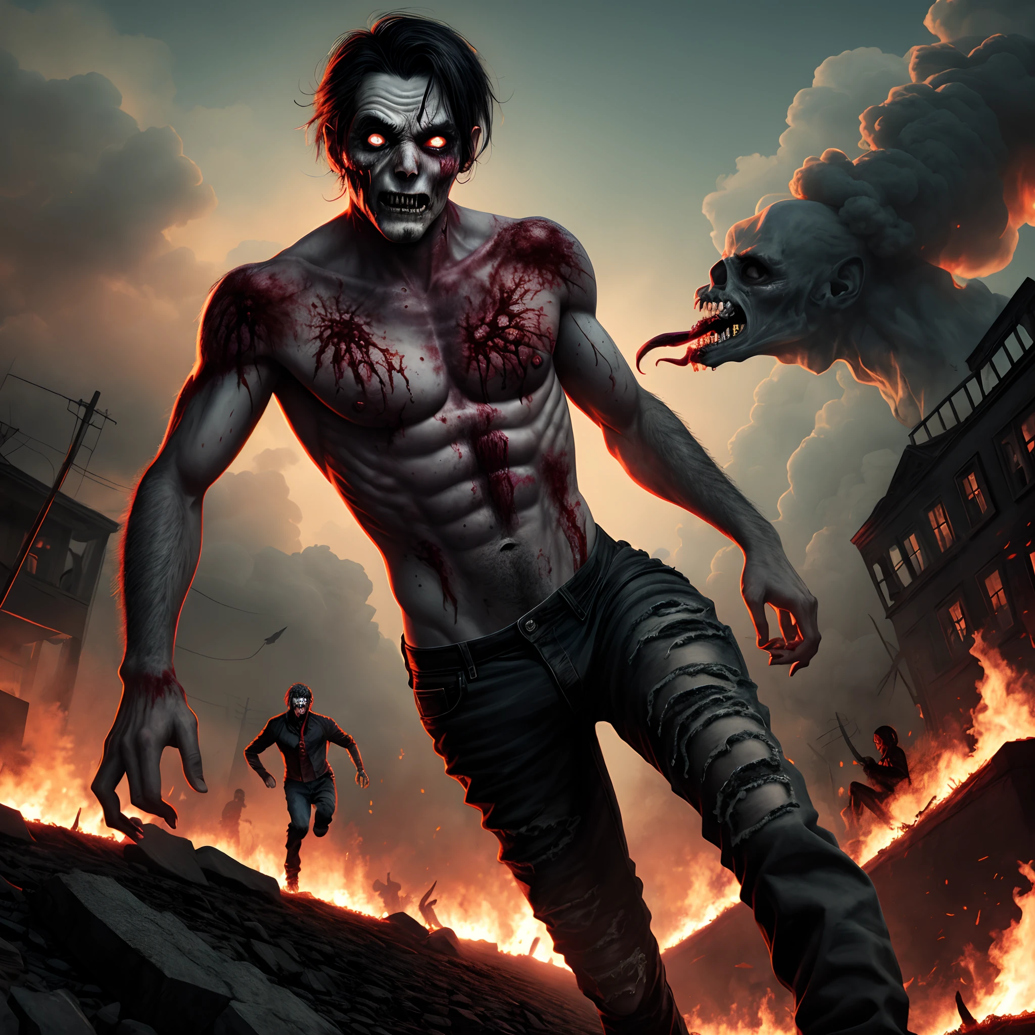 Zombie nightmare, smoke and fire, one human man running from them