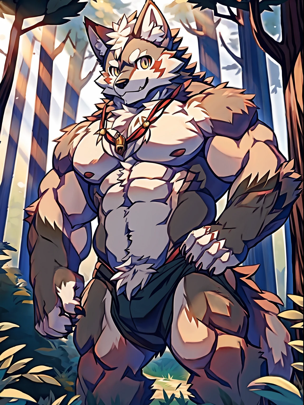 Human-wolf，musculous，Hairy all over，clawed paws，erect through，ln the forest