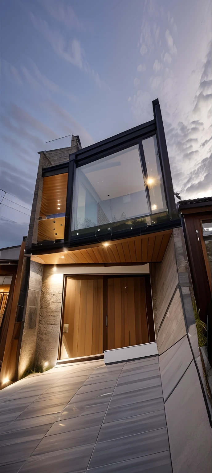 exterior of modern house in a city, slope roof, glass balcony, glass door and window, stone paverment, street road, neighbor house behind,