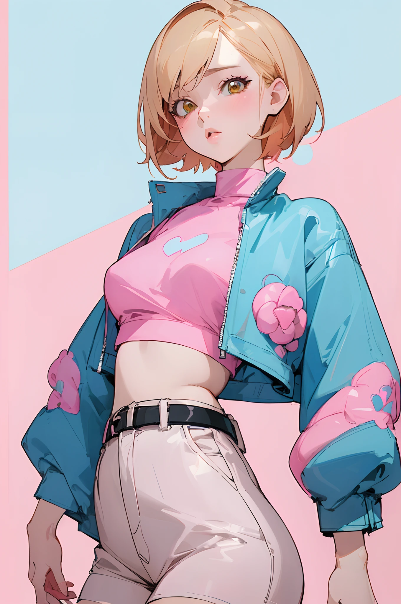 (masterpiece, best quality) detailed, 1Character , blue archive art style , wearing a  blue jacket, a pink belt , inspired clothing by BLACKPINK, crop top,Stunning woman , short hair , blonde hair , orange eyes , no pupils , pink lips , pale skin , ￼age 26, 
 , pastel washed out colors , cell shade ,