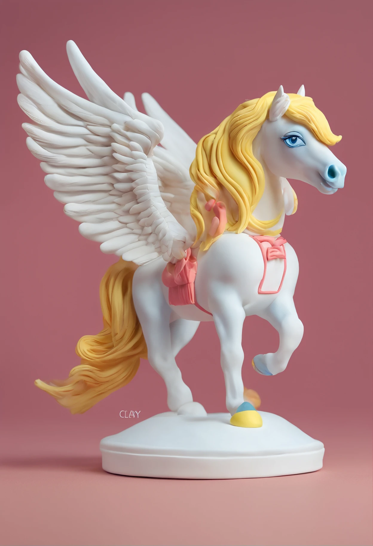 a pegasus, clay material, cartoonish design style, pop mart, soft lighting, smooth lines, tilt-shift lenses, detailed science fiction illustrations, hyper-realistic details, warm color