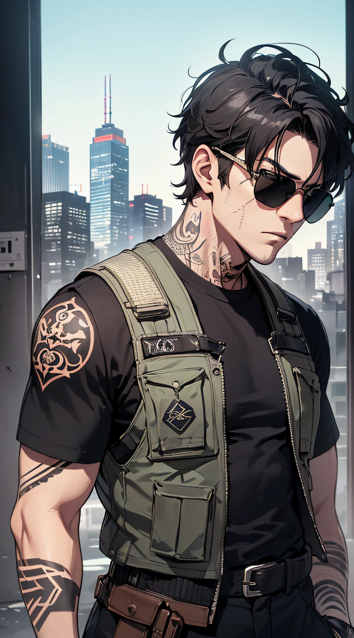 top-quality、Top image quality、​masterpiece、male people((25-years old、 well-muscled、Black short-sleeved T-shirt、Long black trousers、A dark-haired、Scars on the face、macho、Tattoo on the shoulder、Black sunglasses、２From guns、bulletproof vest、Holding a Japan sword)）hiquality、Beautiful Art、Background with((Tattered city、battle field))、masutepiece、Elaborate design、visualart