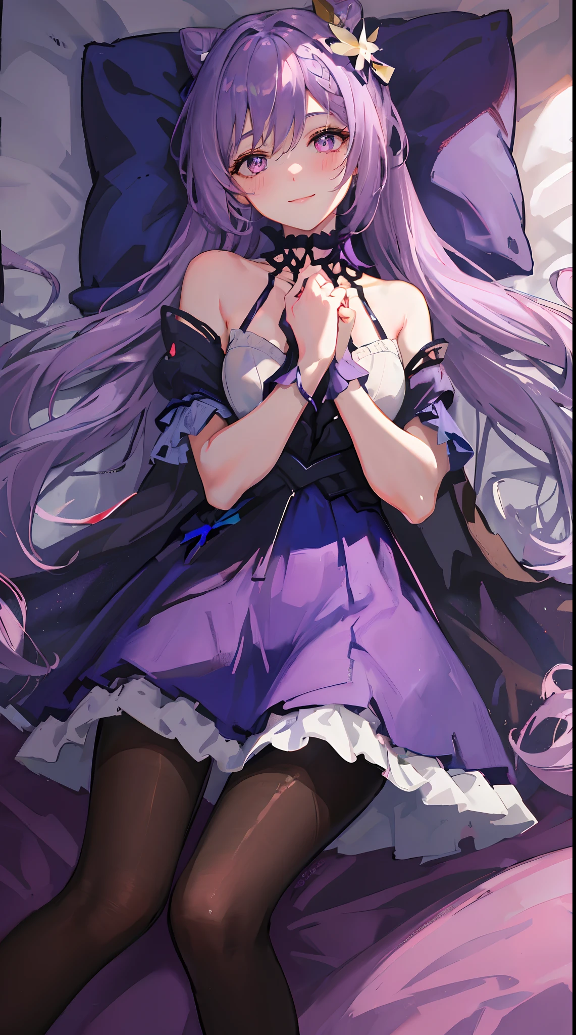Glowing white butterfly,black sexy nightdress,1 girll,pink color eyes,purple hair,indoor room,Lie down in bed, Blush, Smile, cheerfulness, Masterpiece, Best quality, There is a gemstone necklace around the neck,A high resolution,Detail enhancement,best qualtiy,Perfect image quality,Elegant and lightweight blue silk dress,Beautiful and gentle